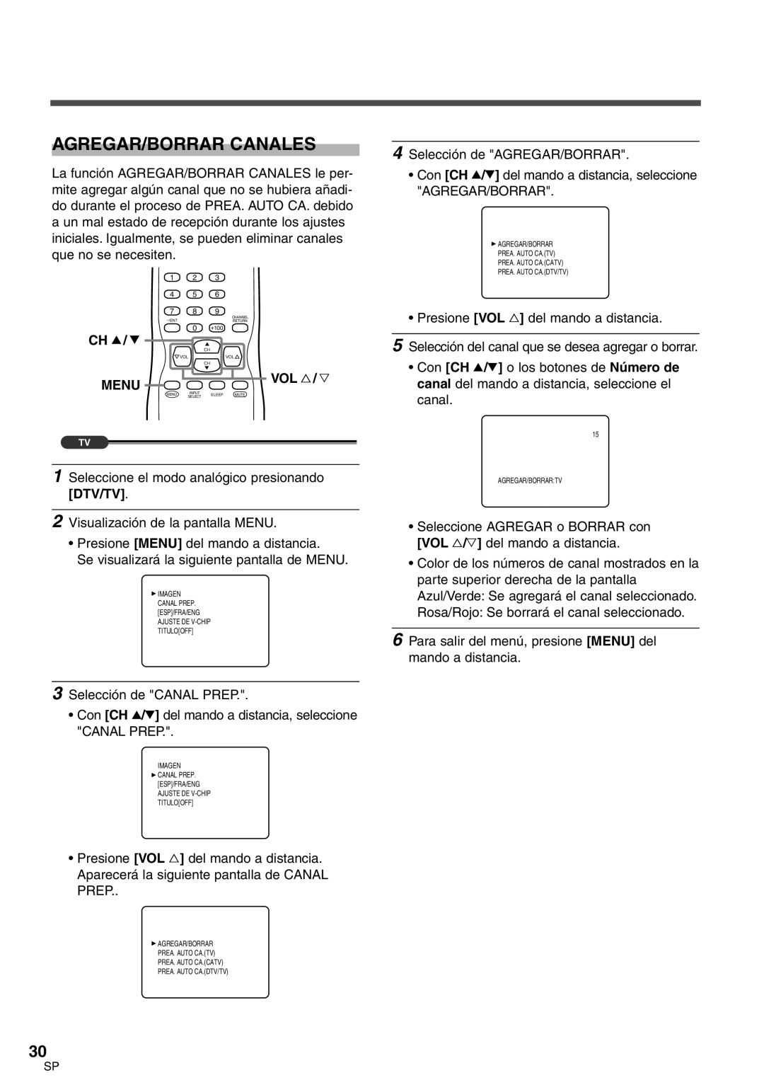 Sylvania 6427GFG A owner manual AGREGAR/BORRAR Canales, Vol X / Y 