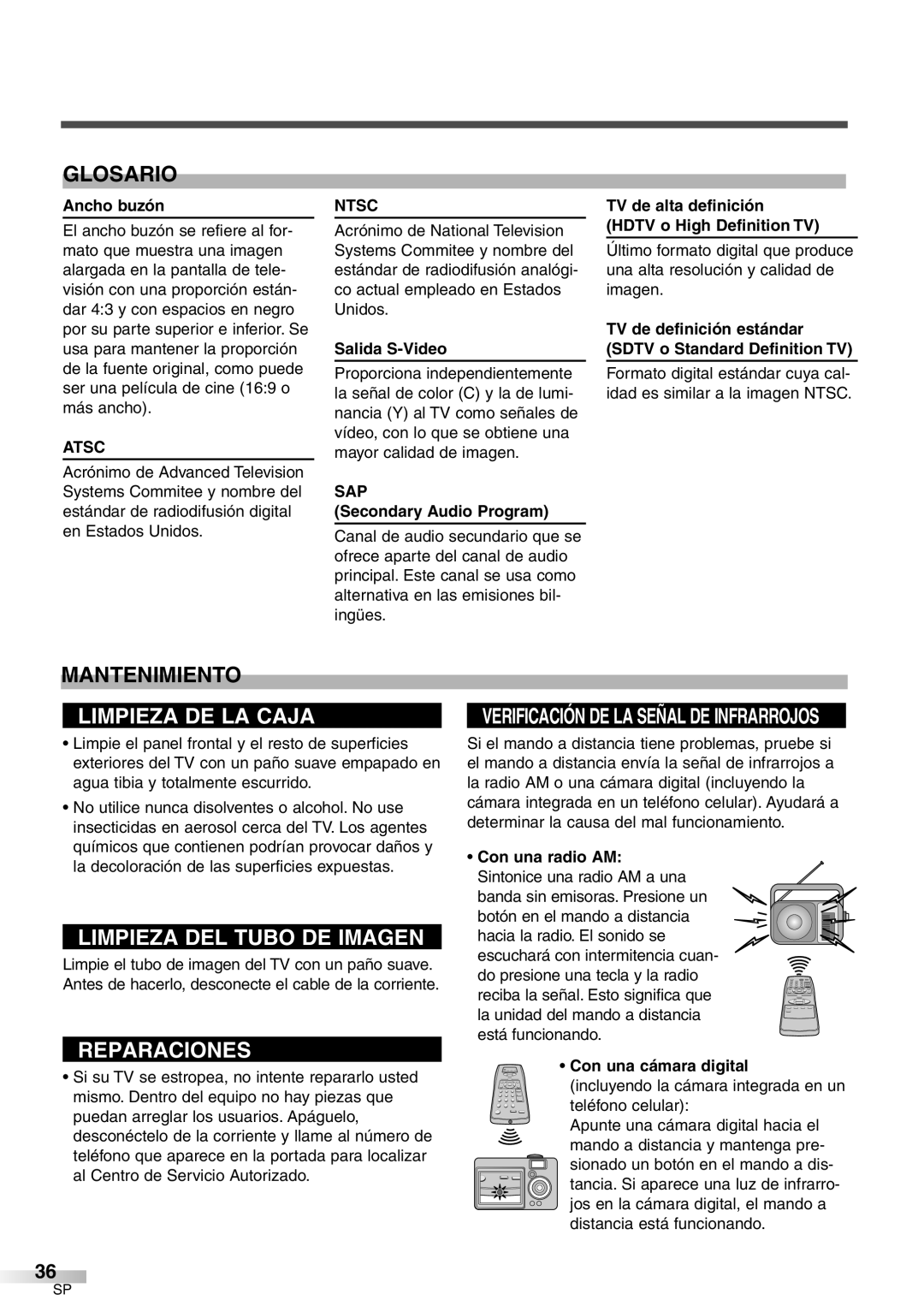 Sylvania 6427GFG A owner manual Glosario, Mantenimiento, Sap 