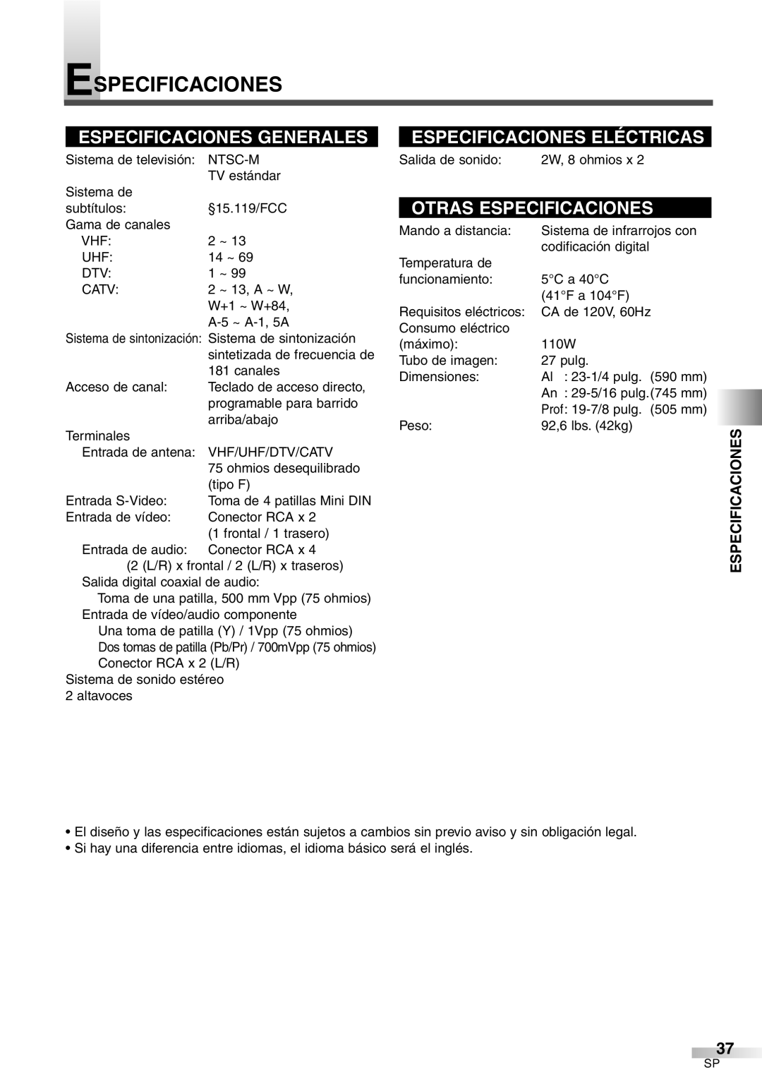 Sylvania 6427GFG A owner manual Especificaciones, Vhf Uhf, DTV Catv, Vhf/Uhf/Dtv/Catv 