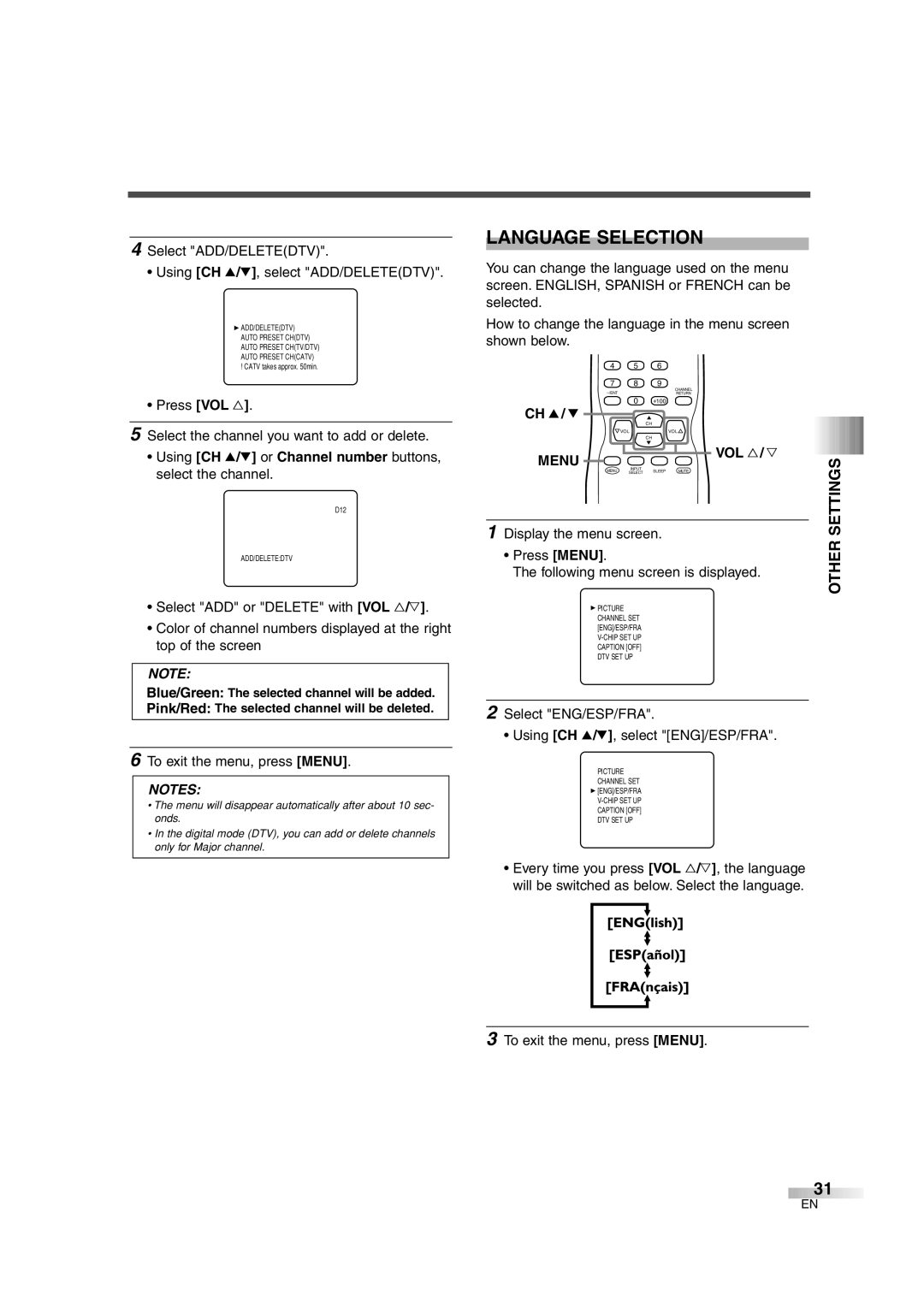 Sylvania 6427GFG owner manual Language Selection, Other, Menu VOL X / Y 