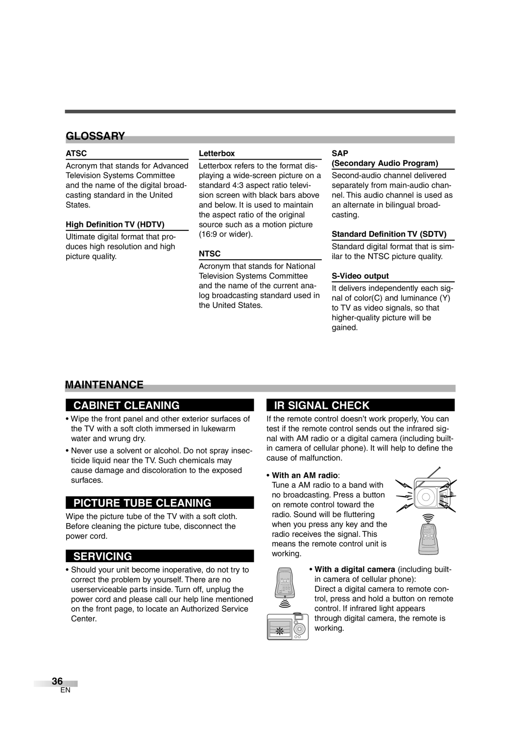 Sylvania 6427GFG owner manual Glossary, Maintenance, Atsc, Ntsc, Sap 