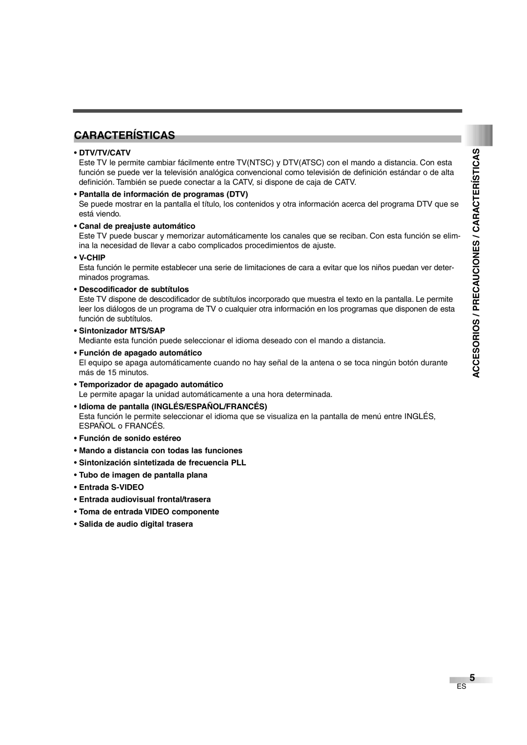 Sylvania 6427GFG owner manual Accesorios / Precauciones / Características 