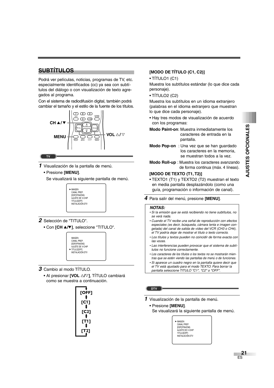 Sylvania 6427GFG owner manual Subtítulos, Modo DE Título C1, C2, Modo DE Texto T1, T2 