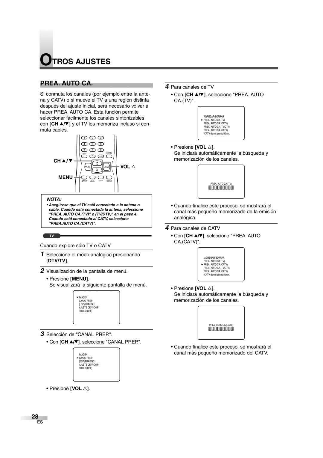 Sylvania 6427GFG owner manual Otros Ajustes, PREA. Auto CA, Presione Menu Se visualizará la siguiente pantalla de menú 