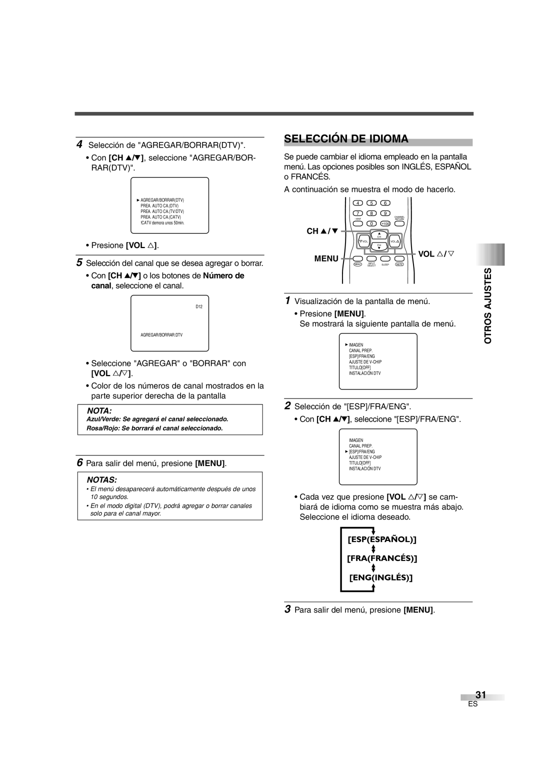 Sylvania 6427GFG owner manual Selección DE Idioma, Ajustes, Se mostrará la siguiente pantalla de menú 