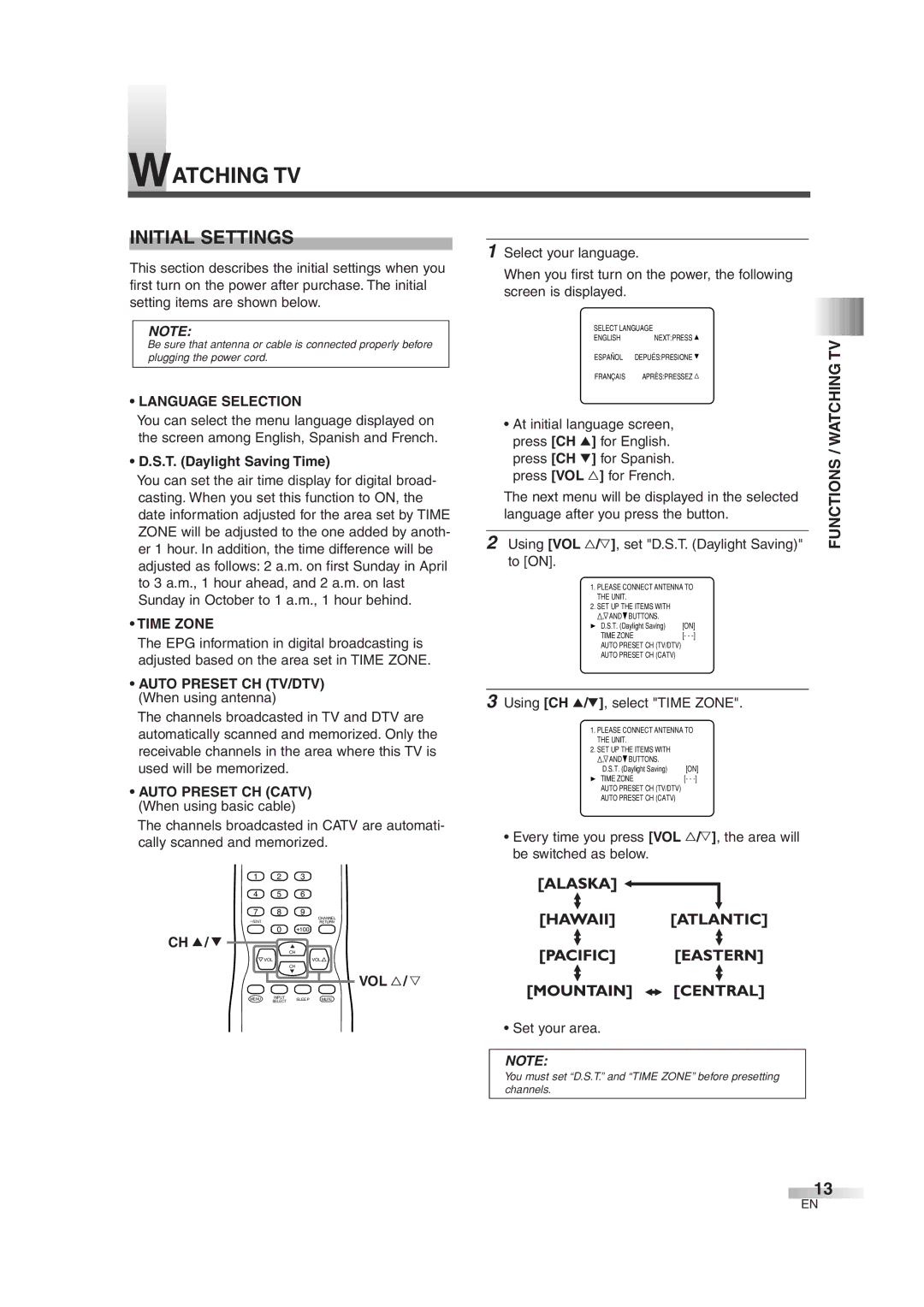 Sylvania 6427GG owner manual Watching TV, Initial Settings, Language Selection, Time Zone, Functions / Watching 