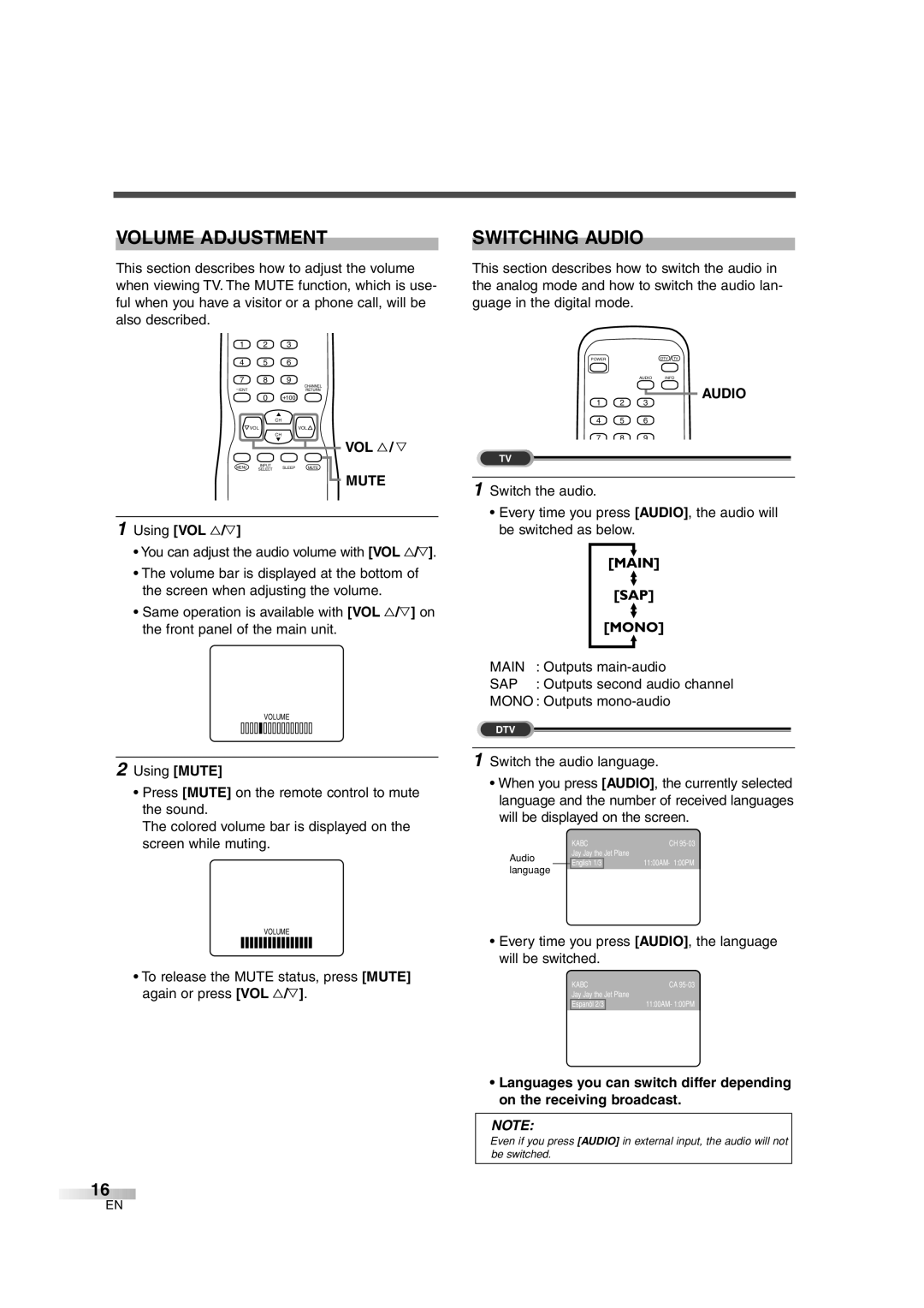 Sylvania 6427GG owner manual Volume Adjustment, Switching Audio, Mute, Using VOL X/Y 