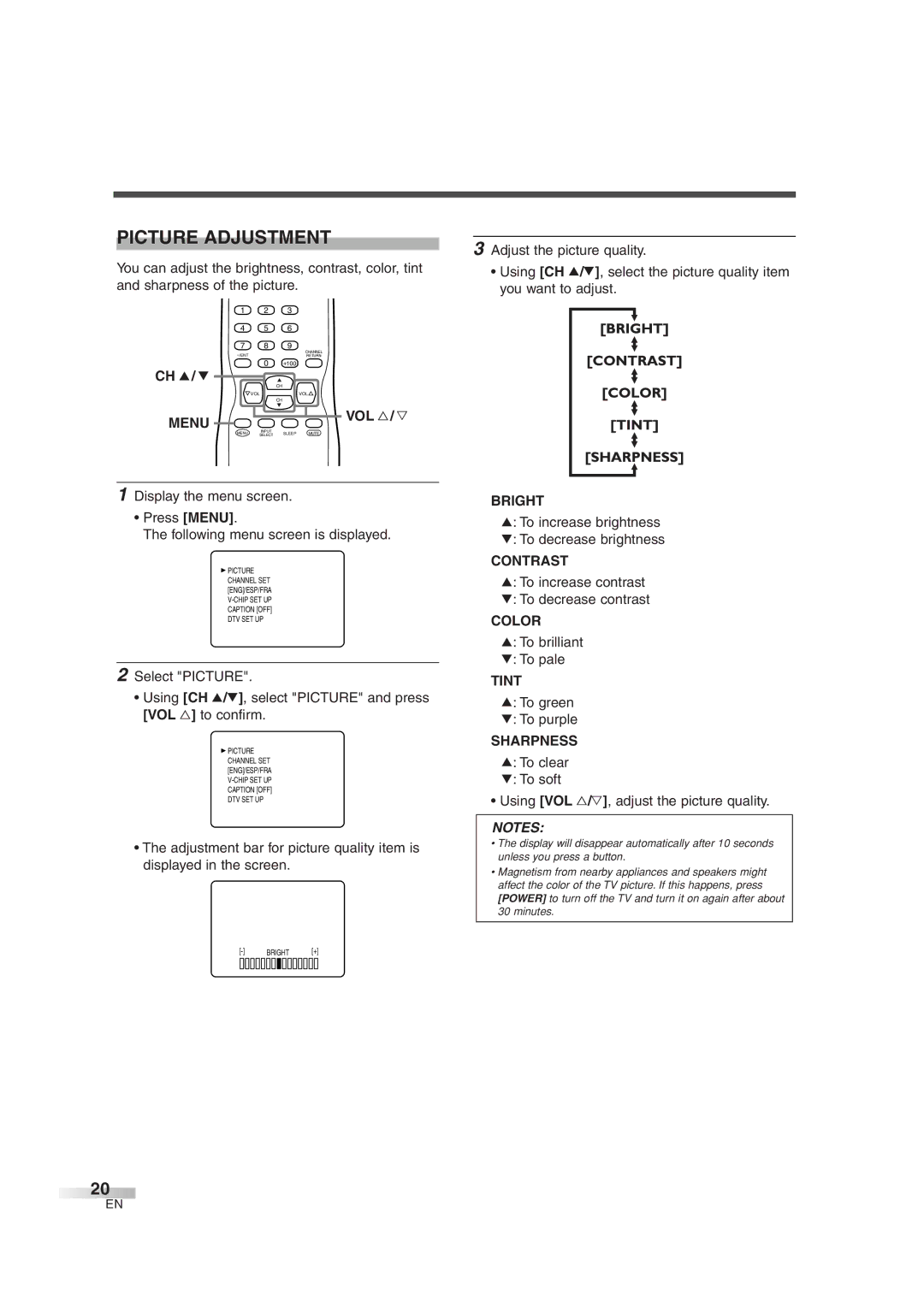 Sylvania 6427GG owner manual Picture Adjustment 