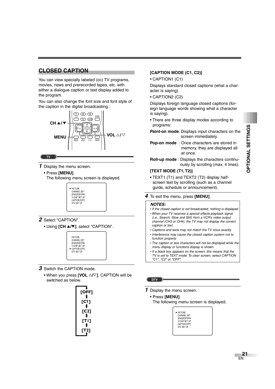 Sylvania 6427GG owner manual Closed Caption, Caption Mode C1, C2, CAPTION1 C1, CAPTION2 C2, Text Mode T1, T2 