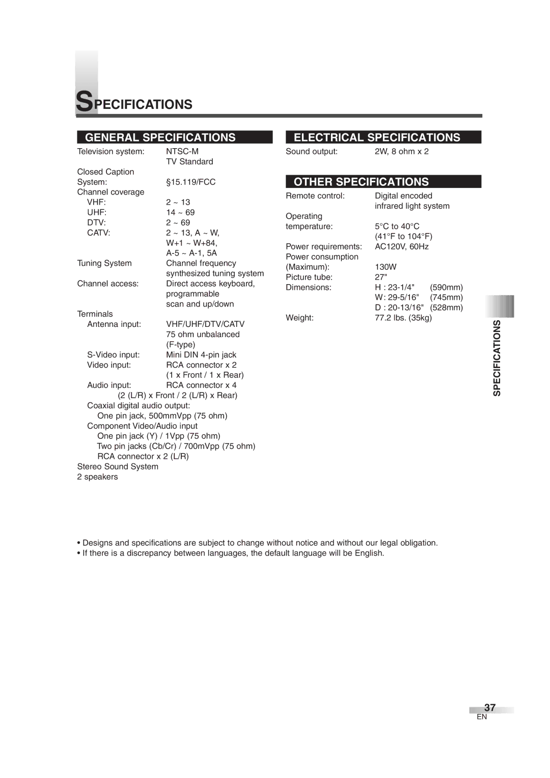 Sylvania 6427GG owner manual Specifications, Ntsc-M 