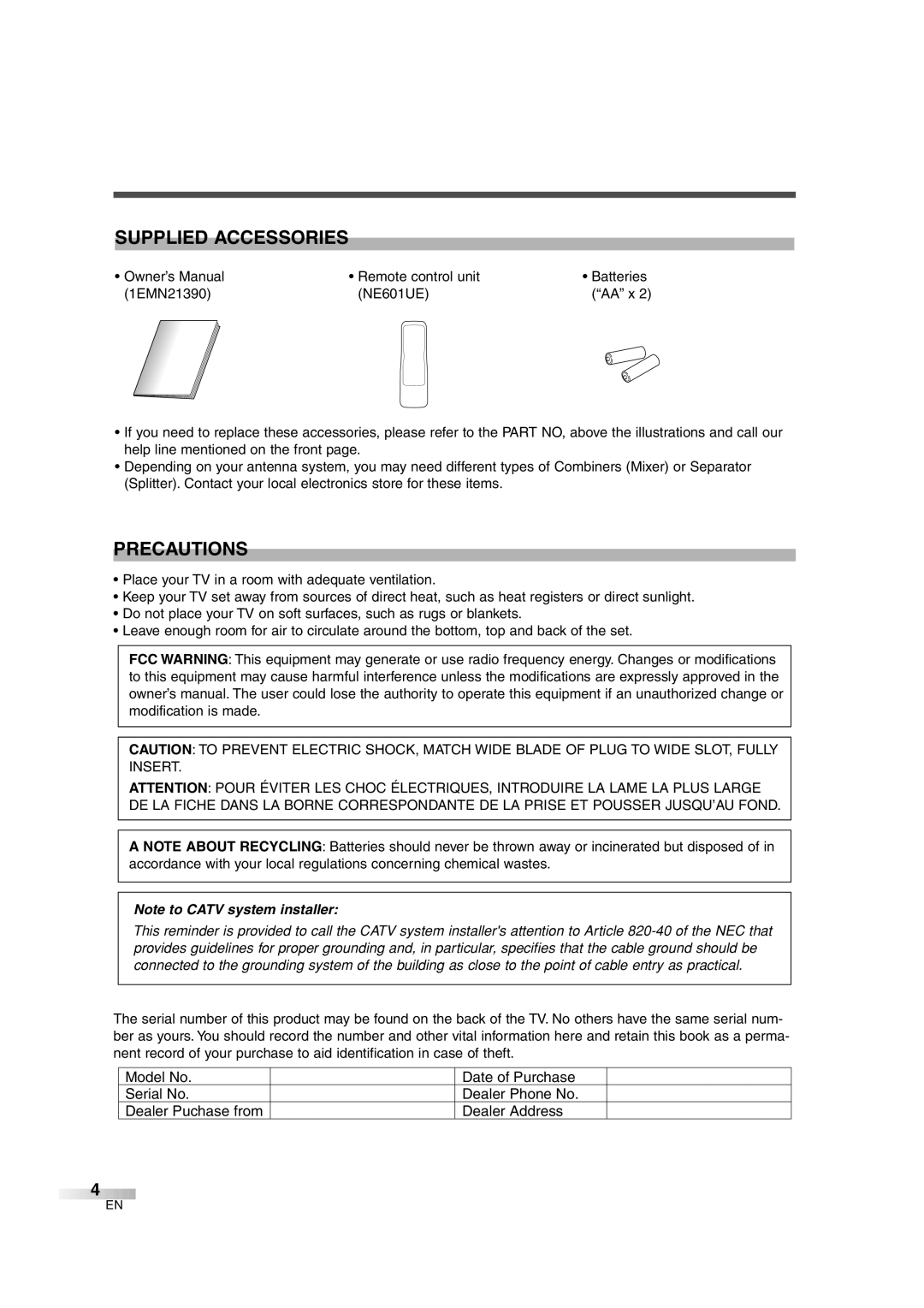 Sylvania 6427GG owner manual Supplied Accessories, Precautions 