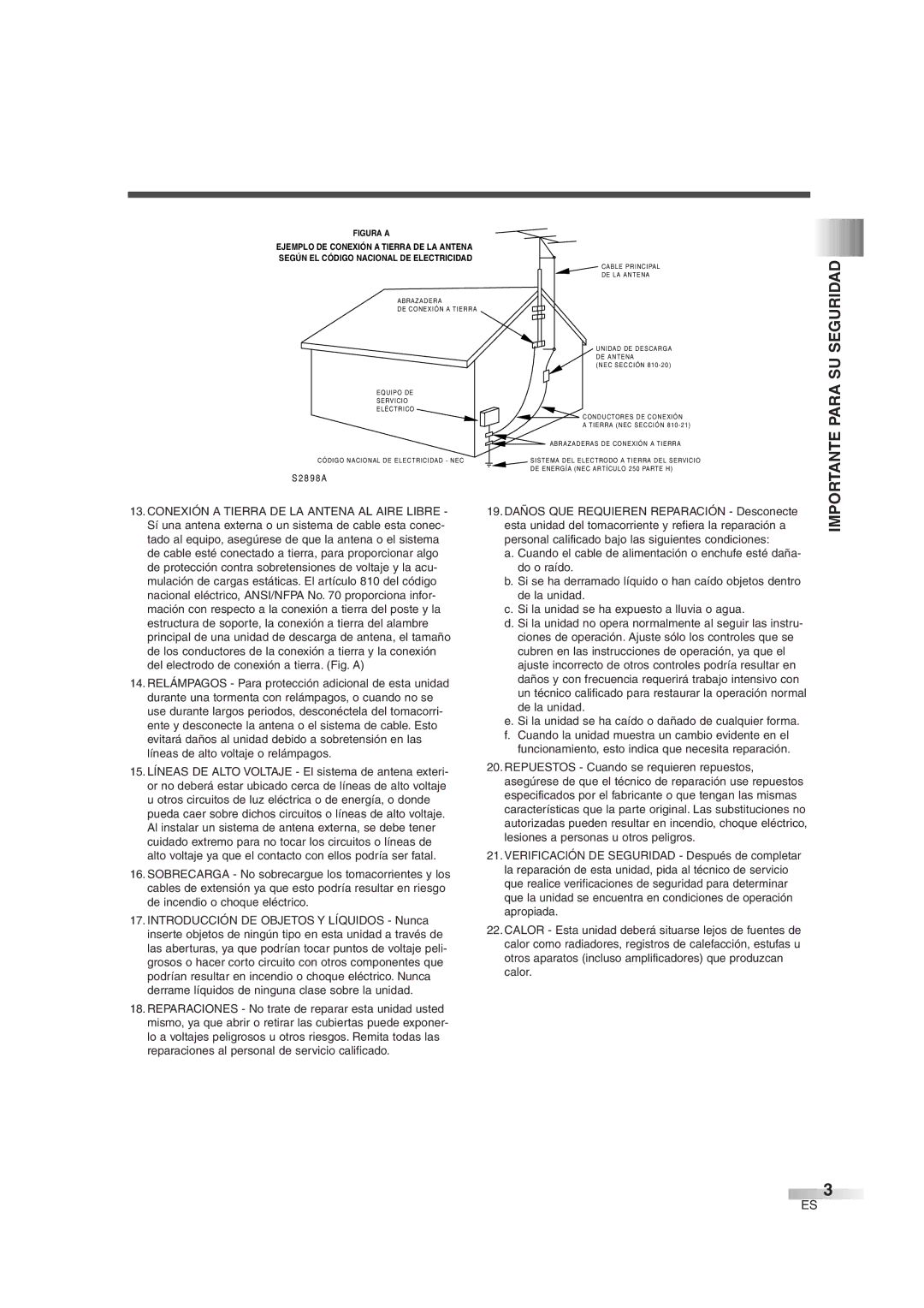 Sylvania 6427GG owner manual Importante Para SU Seguridad, Según EL Código Nacional DE Electricidad 