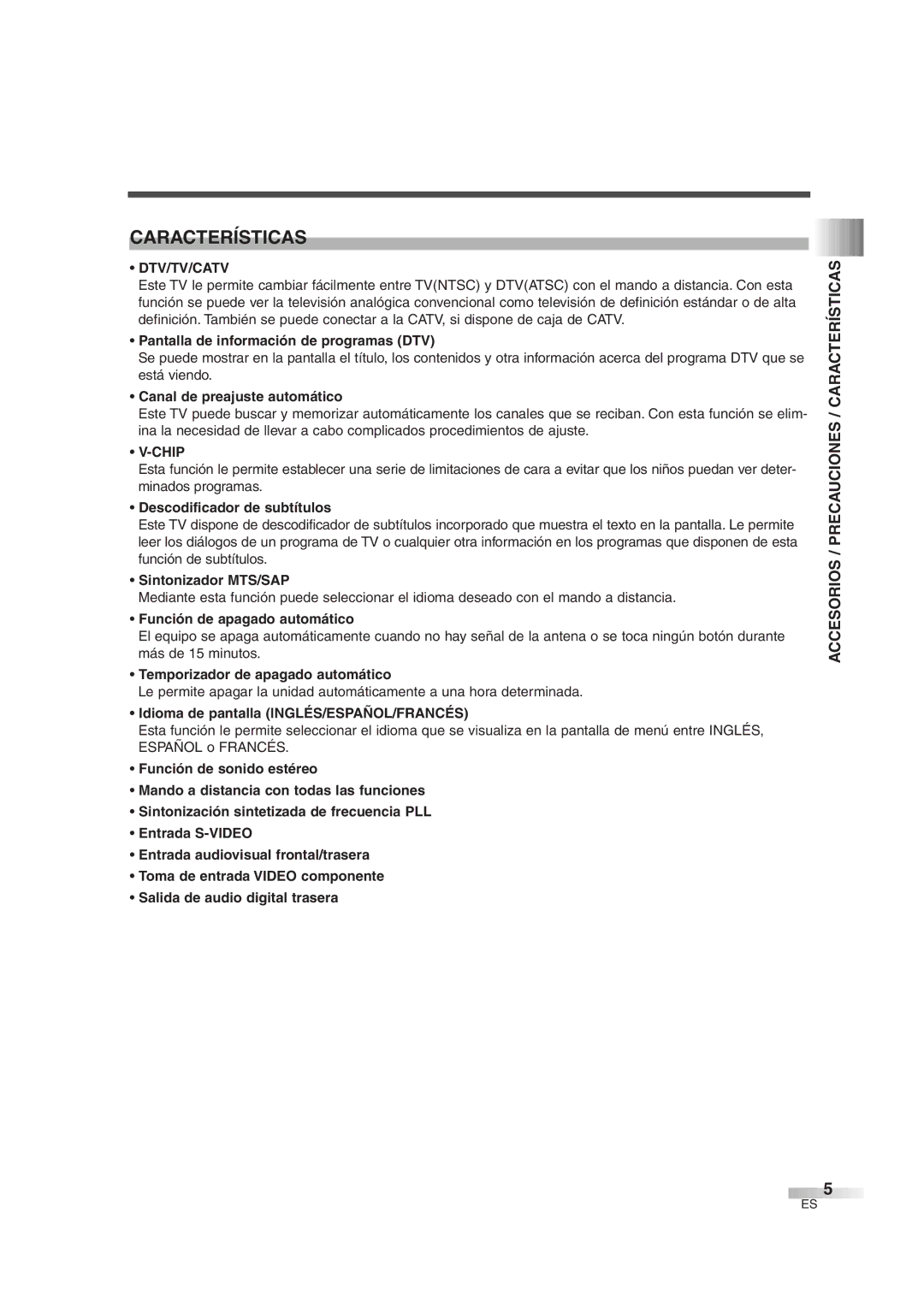 Sylvania 6427GG owner manual Accesorios / Precauciones / Características 