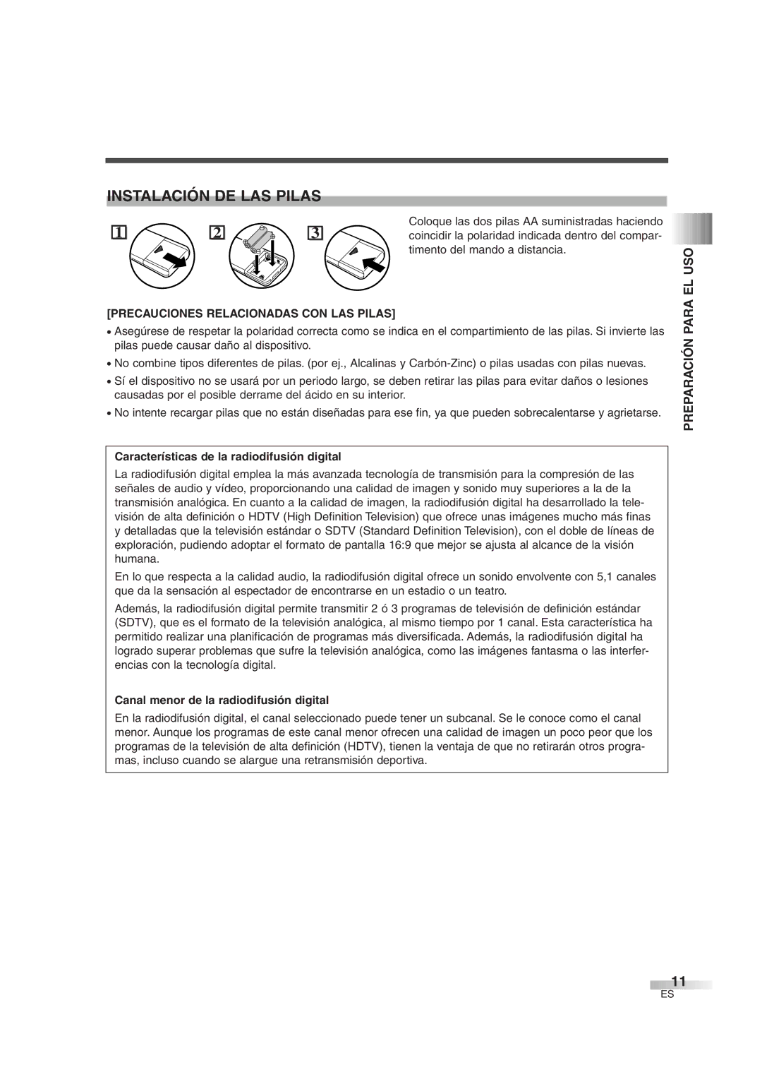 Sylvania 6427GG Instalación DE LAS Pilas, Timento del mando a distancia, Precauciones Relacionadas CON LAS Pilas 