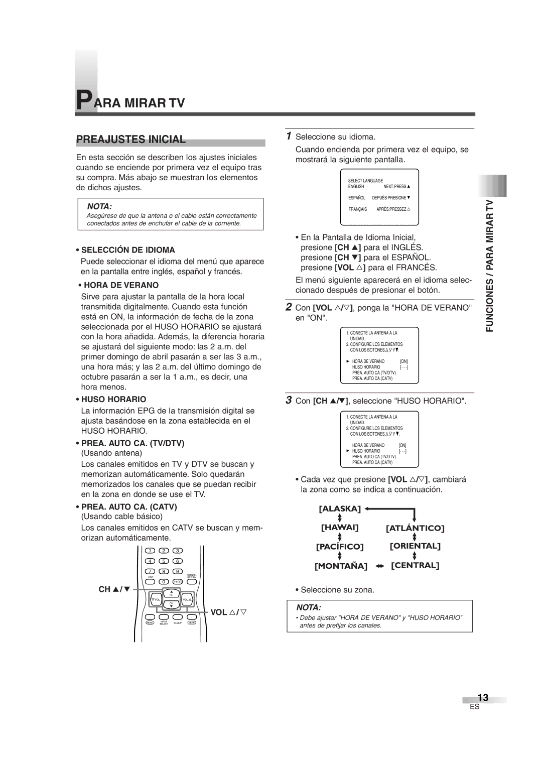 Sylvania 6427GG owner manual Para Mirar TV, Preajustes Inicial, Funciones / Para 