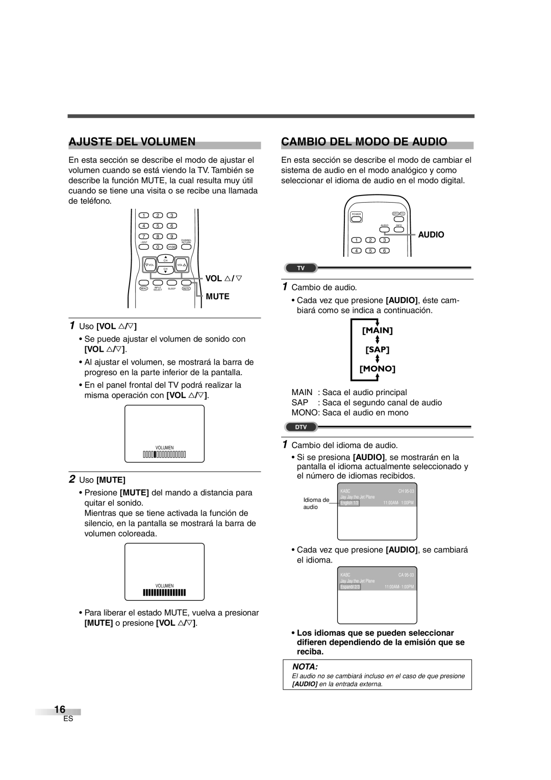 Sylvania 6427GG owner manual Ajuste DEL Volumen, Cambio DEL Modo DE Audio, Uso VOL X/Y, Uso Mute 