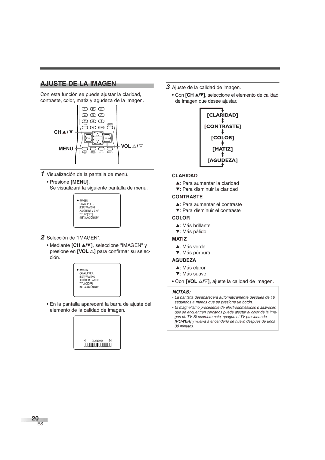 Sylvania 6427GG owner manual Ajuste DE LA Imagen, Claridad, Contraste, Matiz, Agudeza 