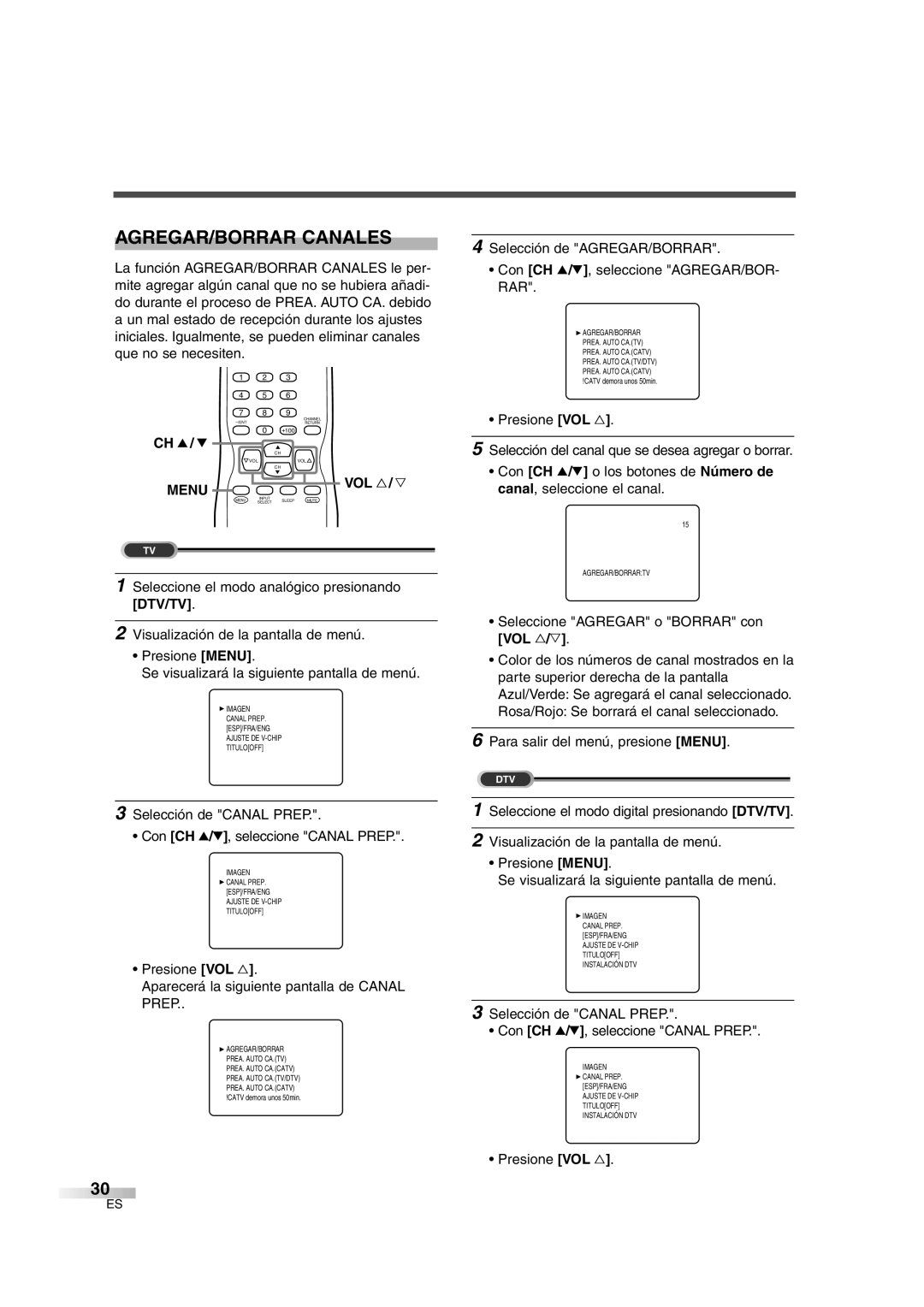 Sylvania 6427GG owner manual AGREGAR/BORRAR Canales, Presione VOL Aparecerá la siguiente pantalla de Canal Prep 