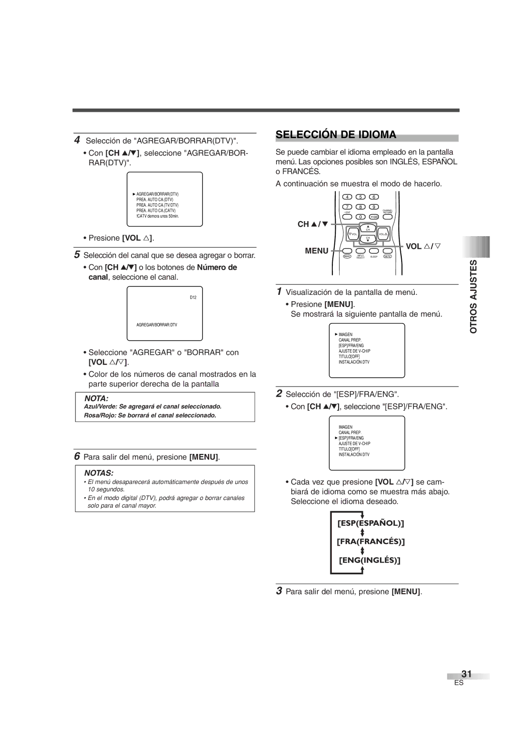 Sylvania 6427GG owner manual Selección DE Idioma, Ajustes, Se mostrará la siguiente pantalla de menú 