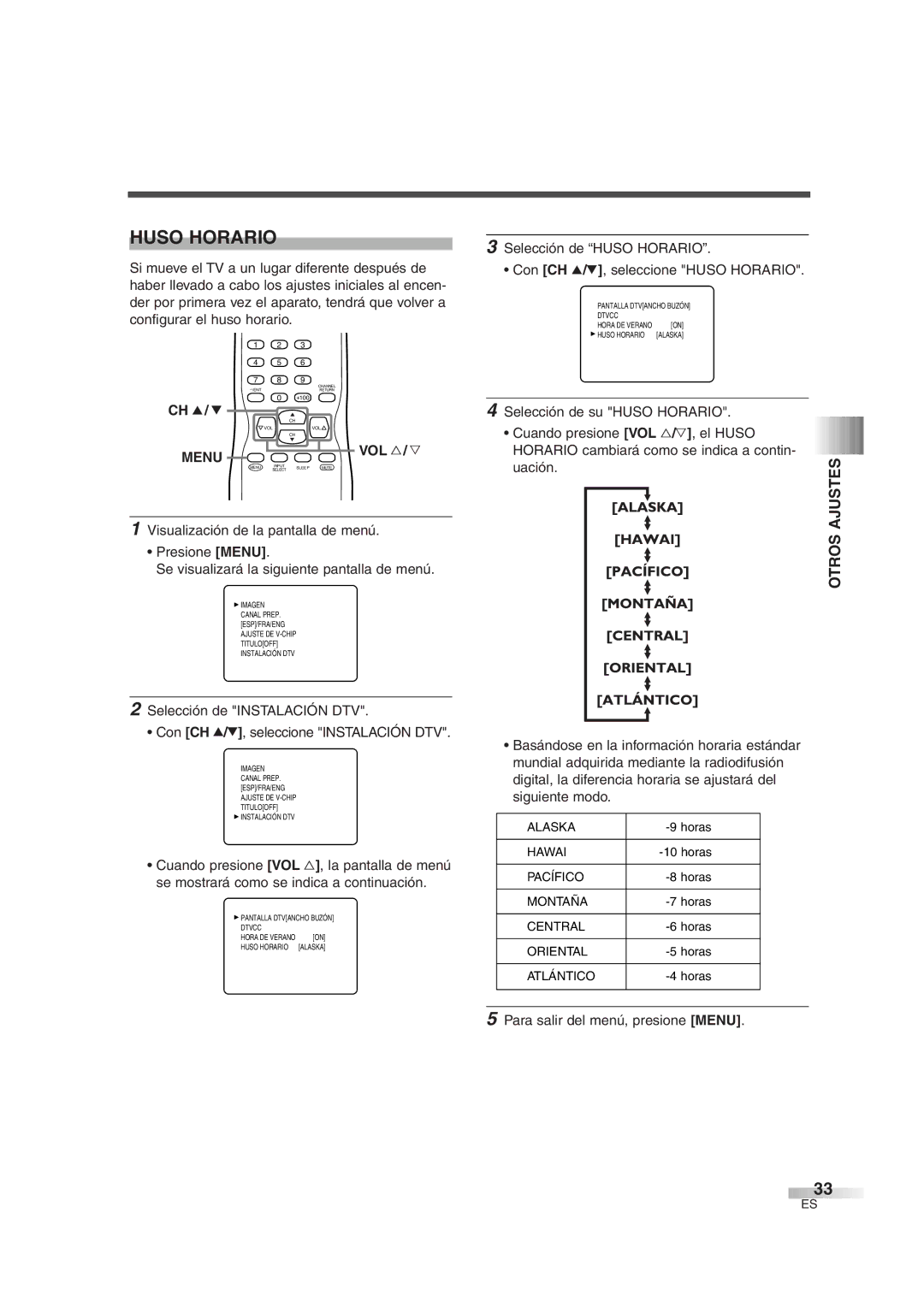 Sylvania 6427GG owner manual Huso Horario, Uación. Ajustes Otros 