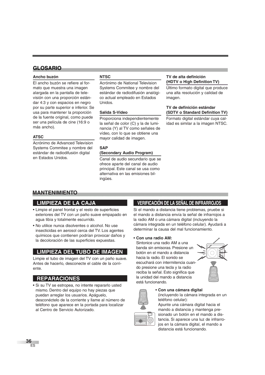 Sylvania 6427GG owner manual Glosario, Mantenimiento 