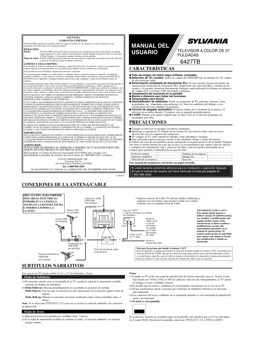 Sylvania 6427TB owner manual Características, Precauciones, Conexiones DE LA ANTENA/CABLE, Subtitulos Narrativos, Atencion 