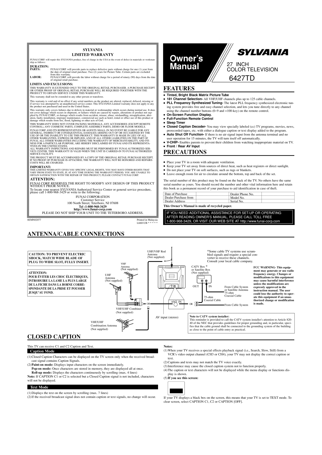 Sylvania 6427TD owner manual Features, Precautions, ANTENNA/CABLE Connections, Closed Caption 