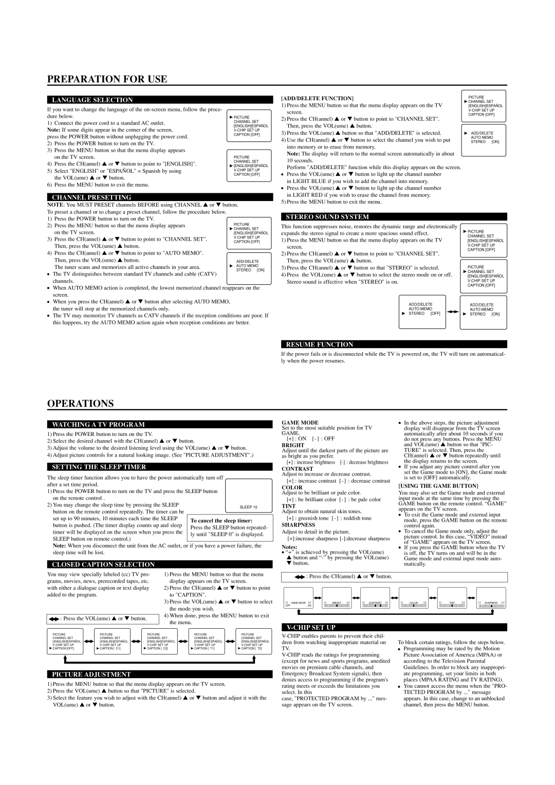 Sylvania 6427TD owner manual Preparation for USE, Operations 