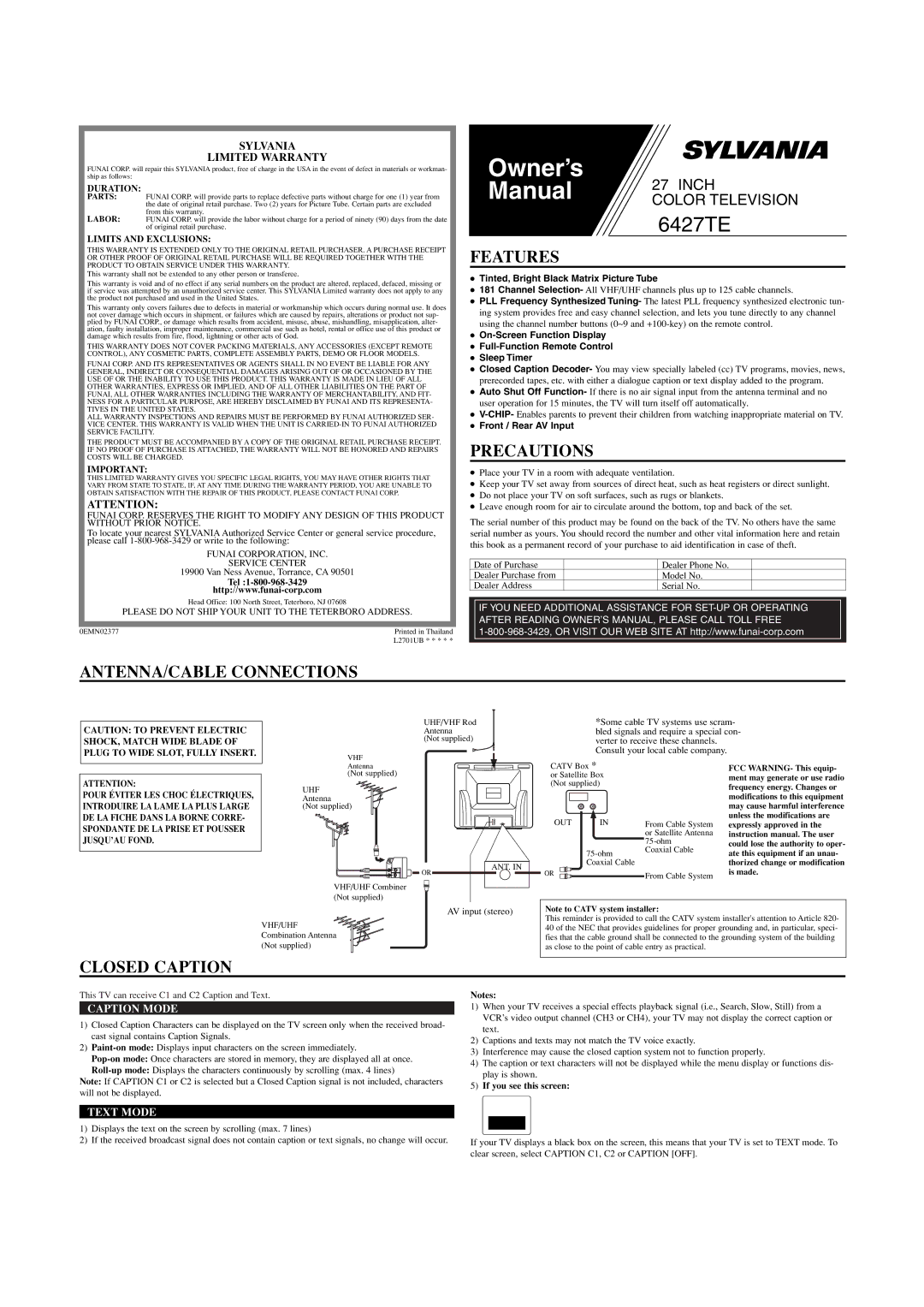 Sylvania 6427TE owner manual Features, Precautions, ANTENNA/CABLE Connections, Closed Caption 