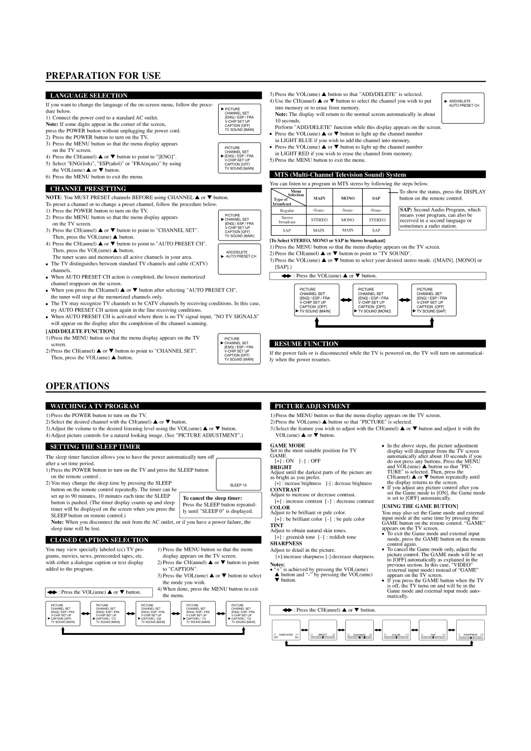 Sylvania 6427TE owner manual Preparation for USE, Operations 