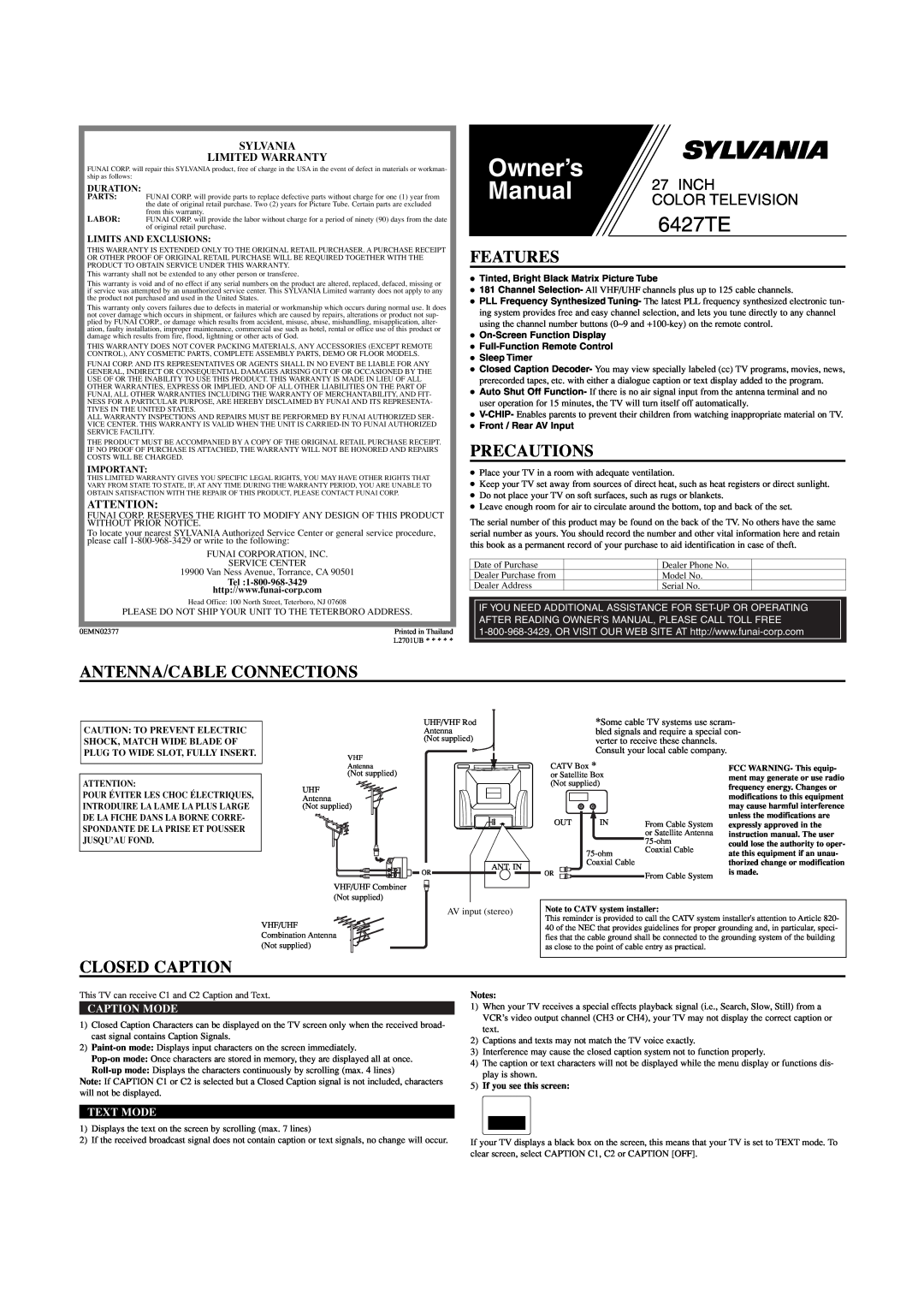 Sylvania 6427TE owner manual Features, Precautions, Antenna/Cable Connections, Closed Caption, Sylvania Limited Warranty 