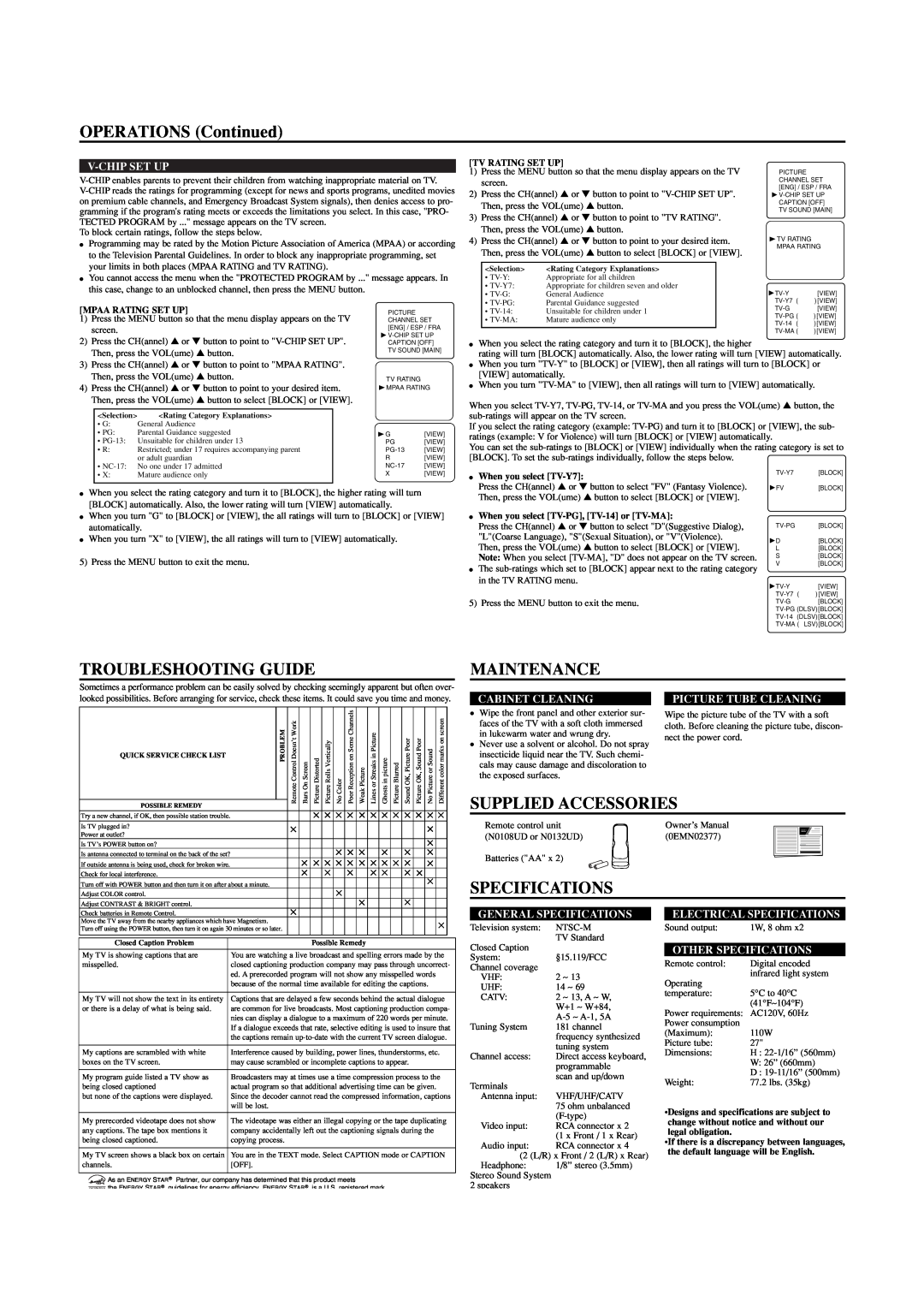 Sylvania 6427TE owner manual OPERATIONS Continued, Troubleshooting Guide, Maintenance, Supplied Accessories, Specifications 