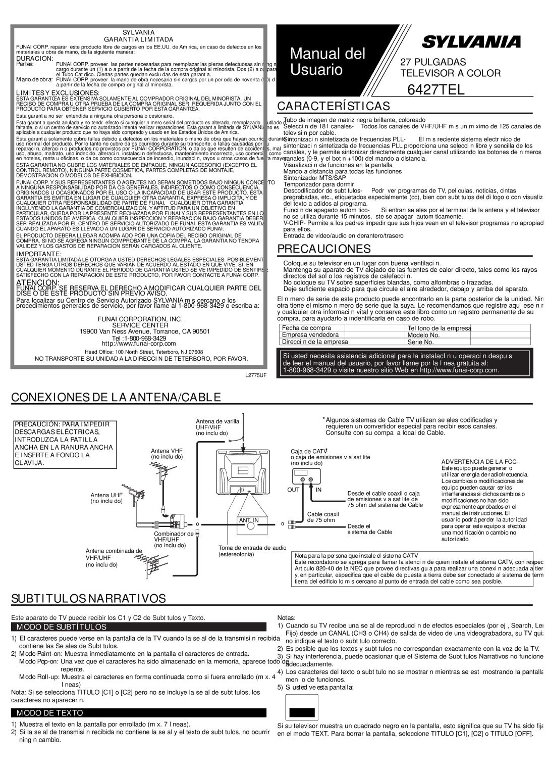 Sylvania 6427TEL owner manual Características, Precauciones, Conexiones DE LA ANTENA/CABLE, Subtitulos Narrativos 