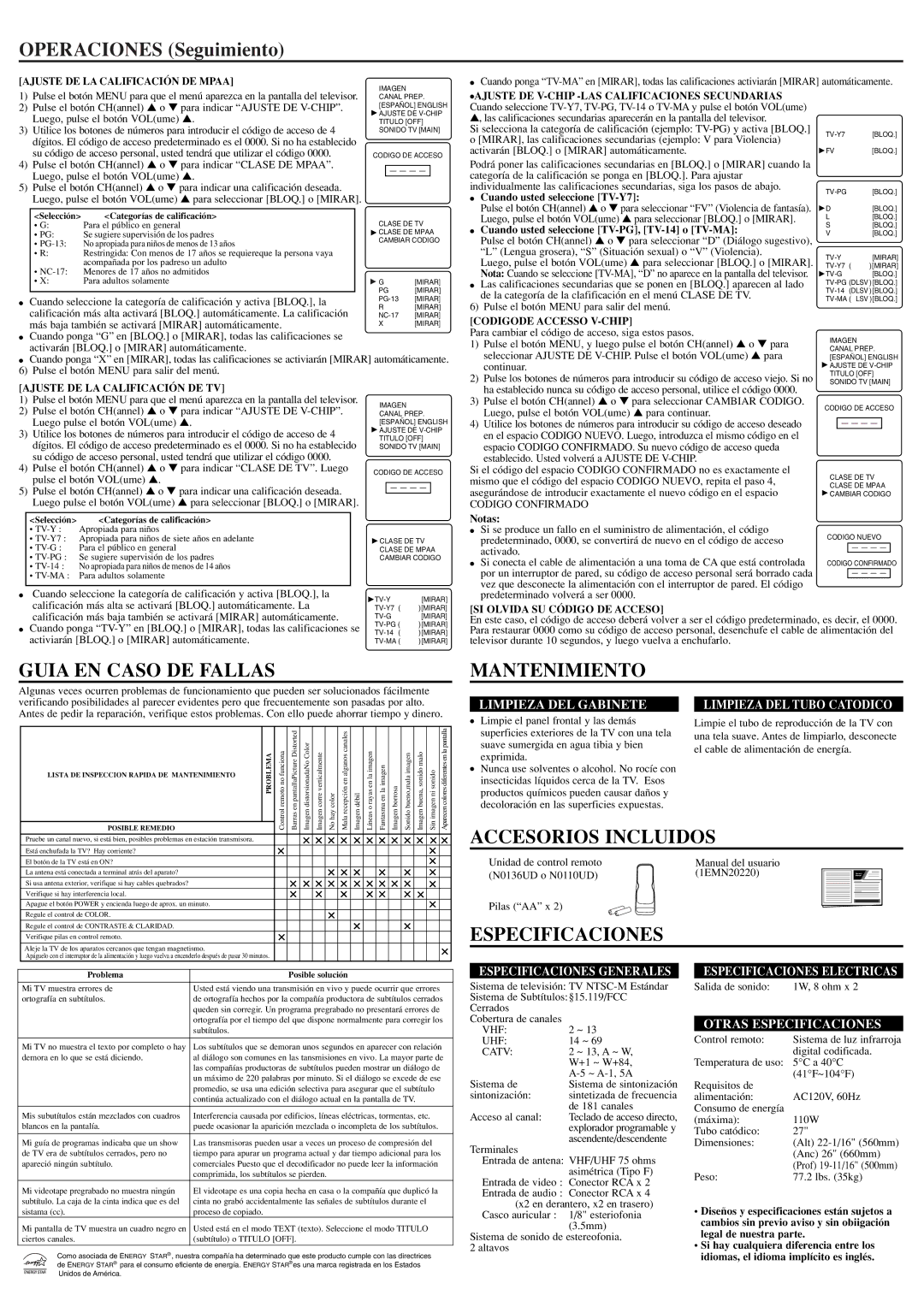 Sylvania 6427TEL Operaciones Seguimiento, Guia EN Caso DE Fallas, Mantenimiento, Accesorios Incluidos, Especificaciones 