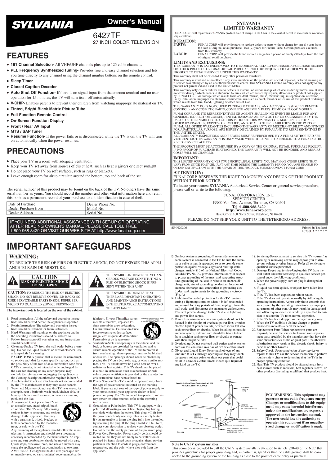 Sylvania 6427TF owner manual Features, Precautions, Sylvania Limited Warranty, Sleep Timer Closed Caption Decoder 