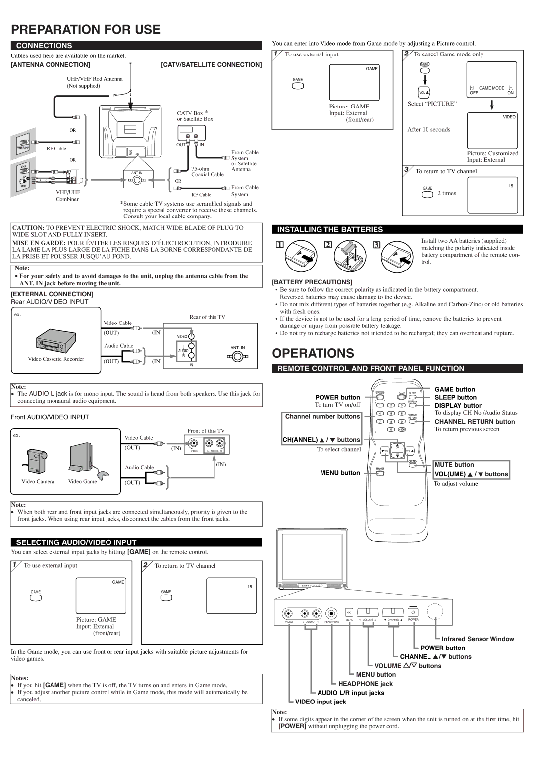 Sylvania 6427TF owner manual Preparation for USE, Operations 