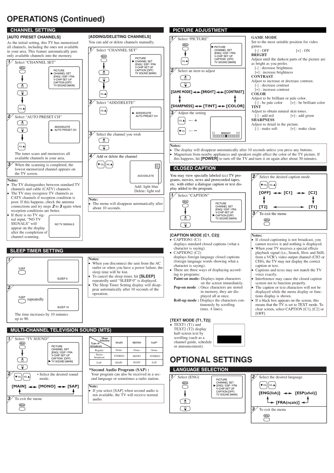 Sylvania 6427TF owner manual Operations, Optional Settings 