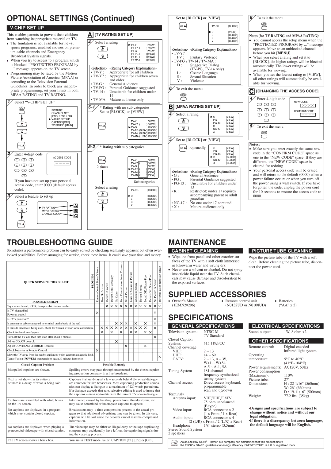 Sylvania 6427TF owner manual Optional Settings, Troubleshooting Guide, Maintenance, Specifications 