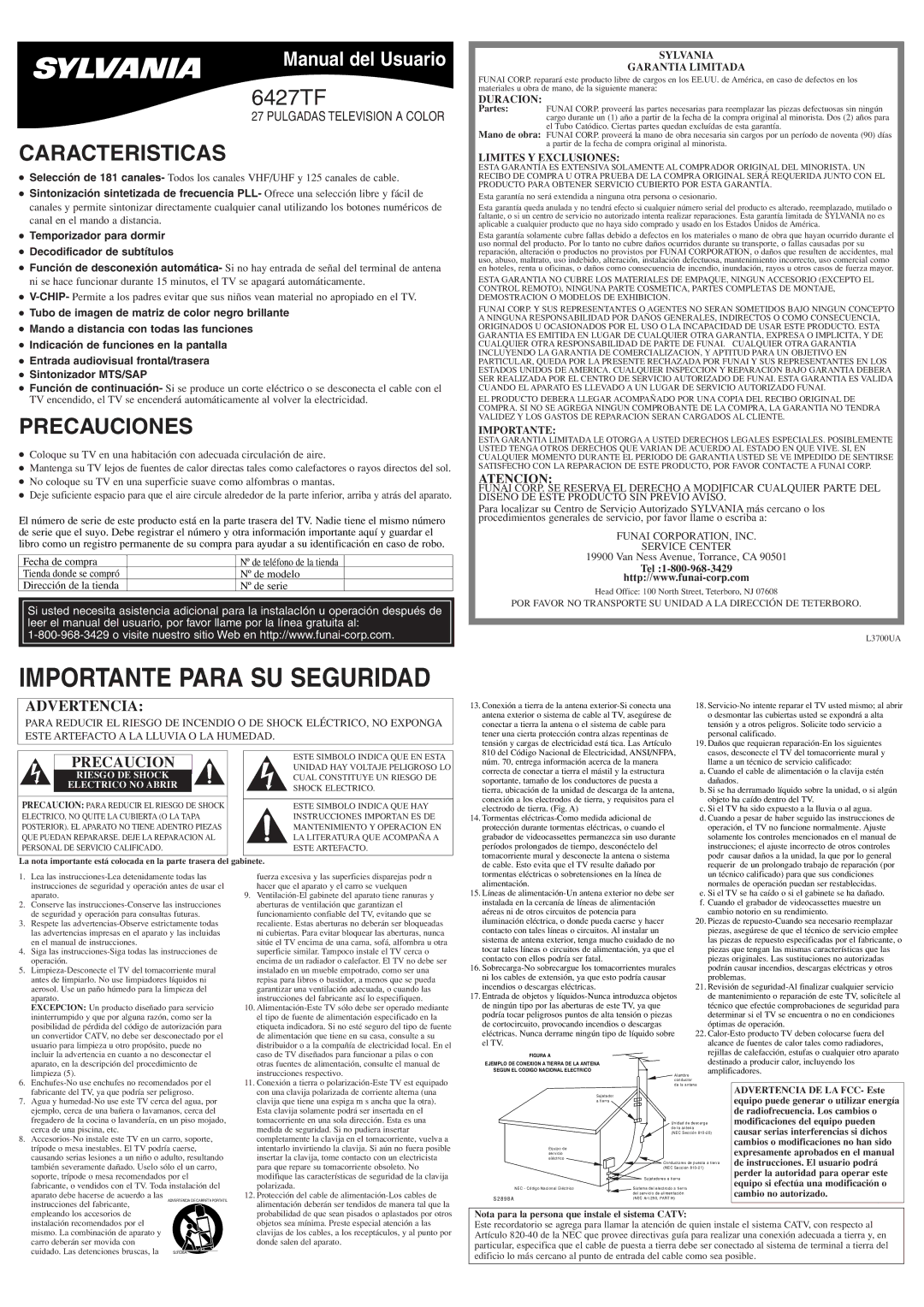 Sylvania 6427TF owner manual Caracteristicas, Precauciones, Atencion 