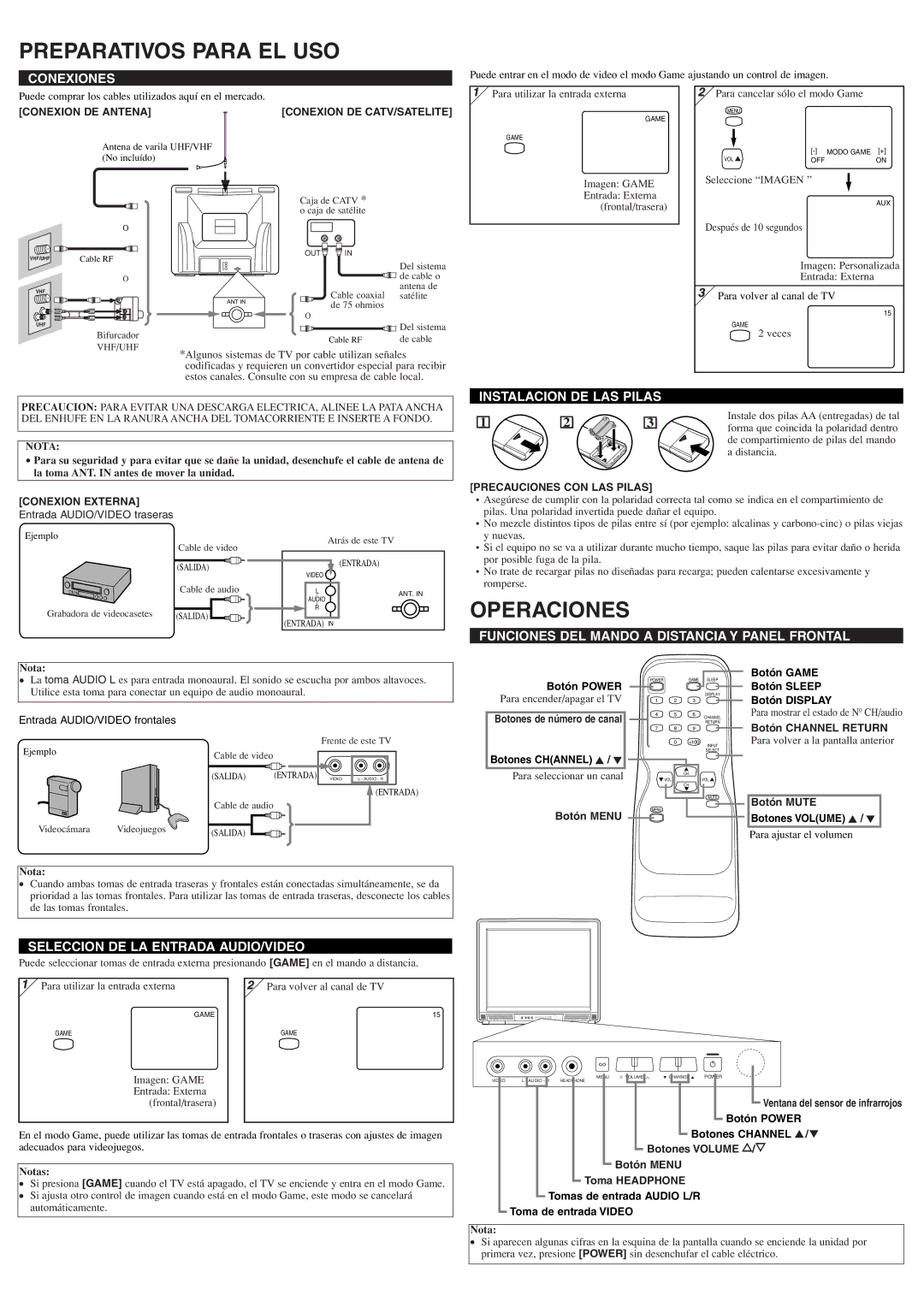 Sylvania 6427TF owner manual Preparativos Para EL USO, Operaciones 