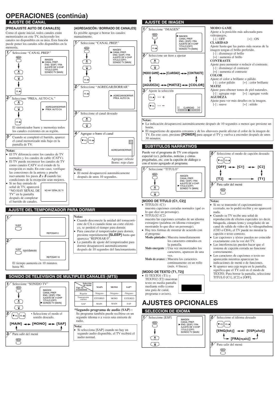 Sylvania 6427TF owner manual Operaciones continúa, Ajustes Opcionales 