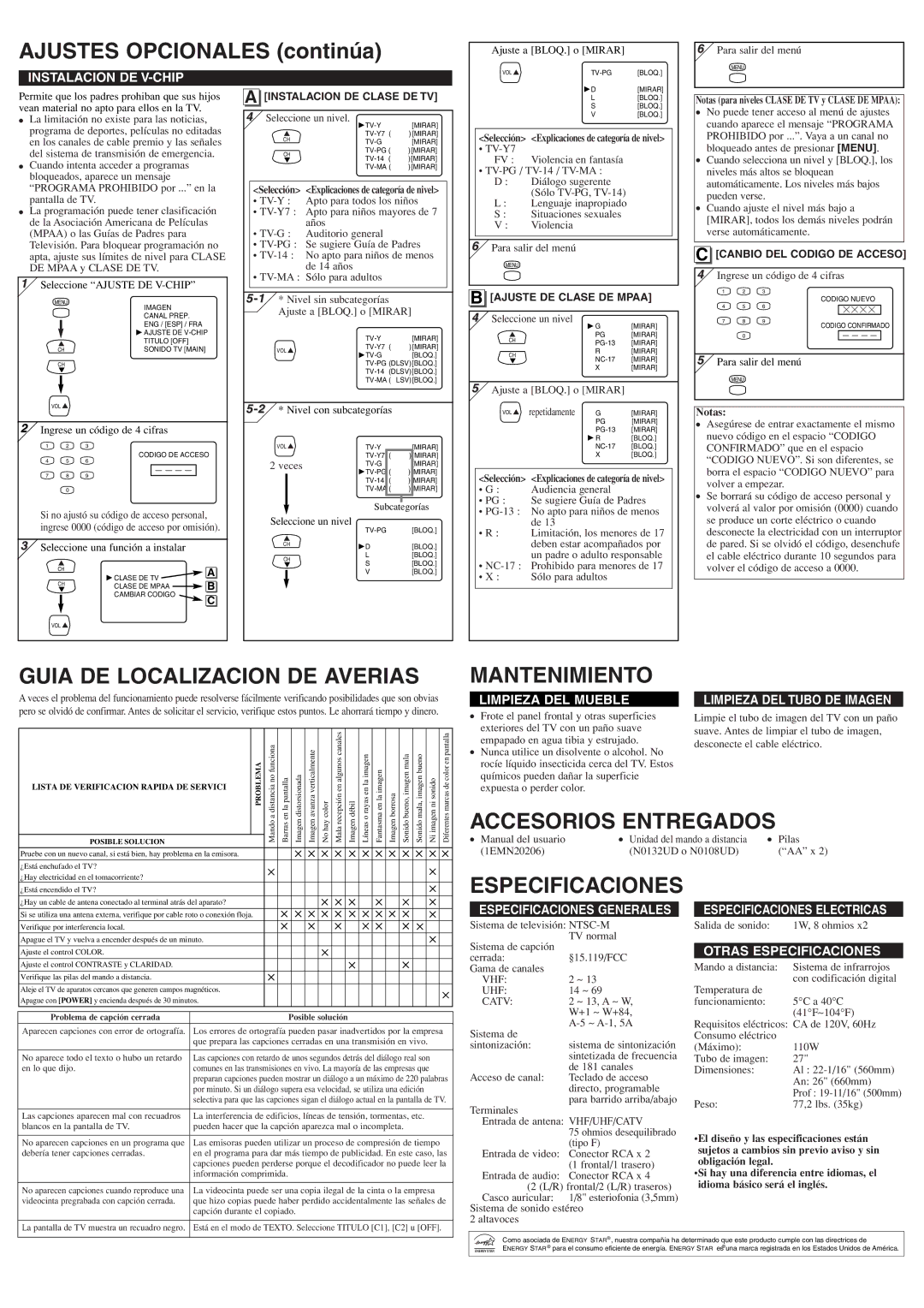 Sylvania 6427TF Ajustes Opcionales continúa, Guia DE Localizacion DE Averias, Mantenimiento, Accesorios Entregados 