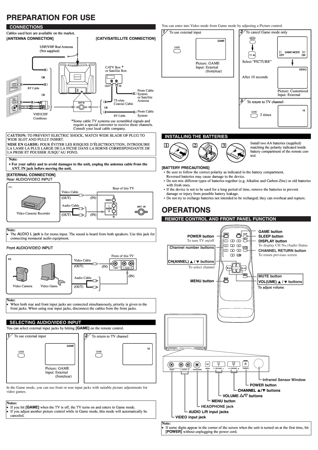 Sylvania 6427TF Preparation For Use, Operations, Connections, Installing The Batteries, Selecting Audio/Video Input 