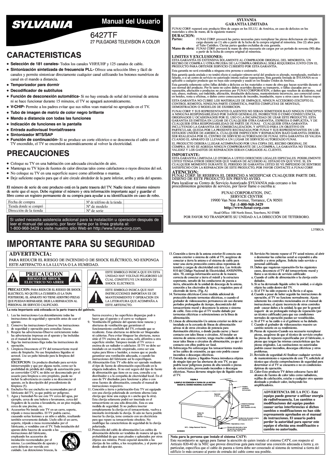 Sylvania 6427TF Caracteristicas, Precauciones, Manual del Usuario, Atencion, Sylvania Garantia Limitada, Duracion 
