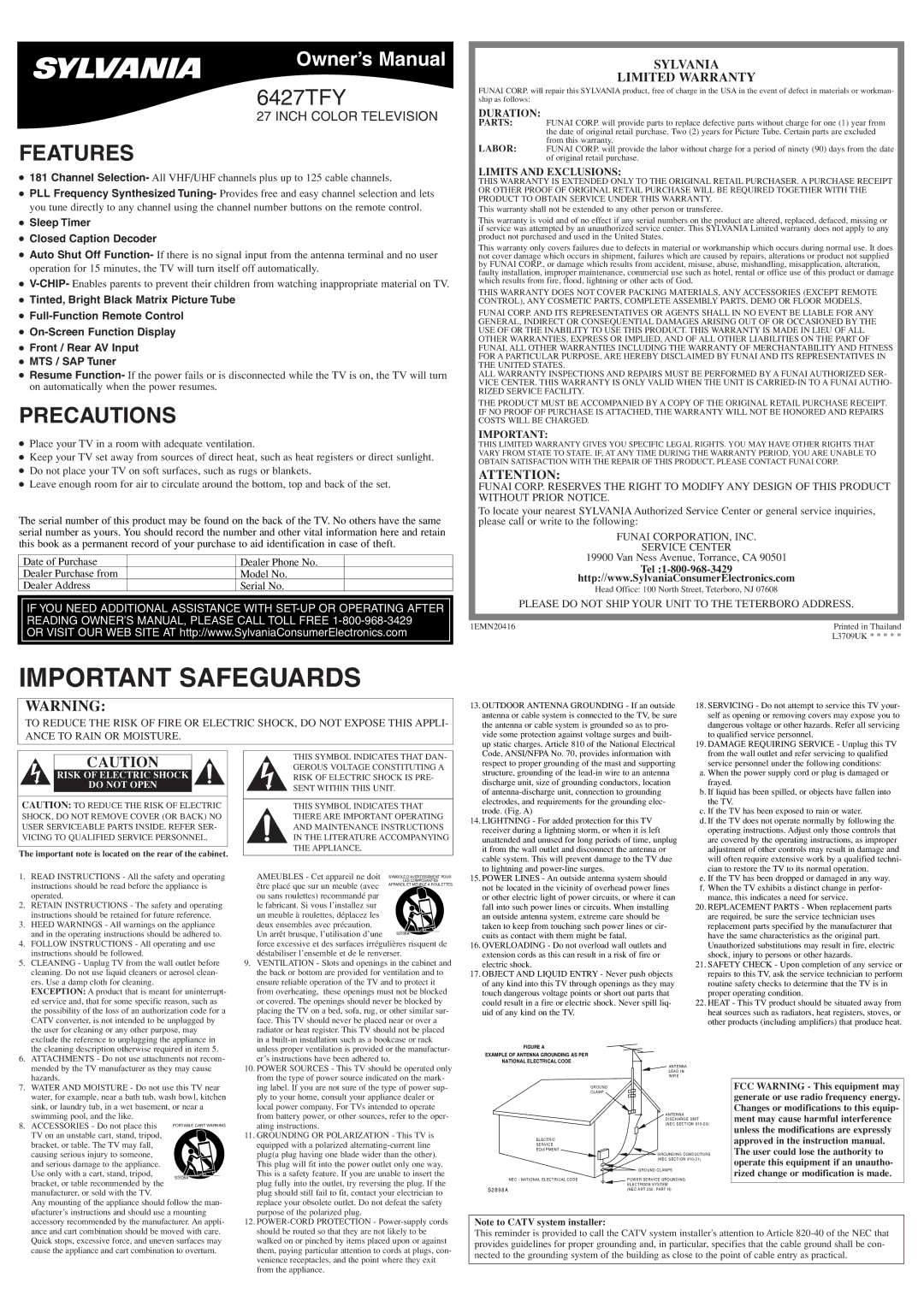 Sylvania 6427TFY owner manual Features, Precautions, Sylvania Limited Warranty, Sleep Timer Closed Caption Decoder 