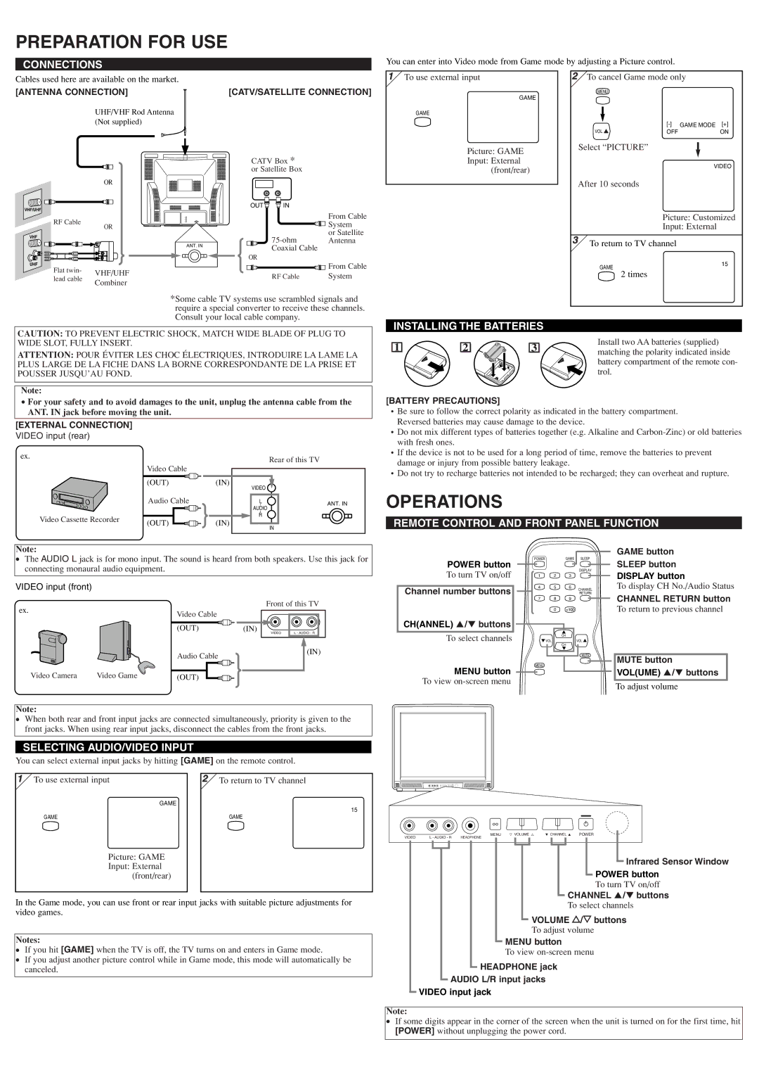 Sylvania 6427TFY owner manual Preparation for USE, Operations 