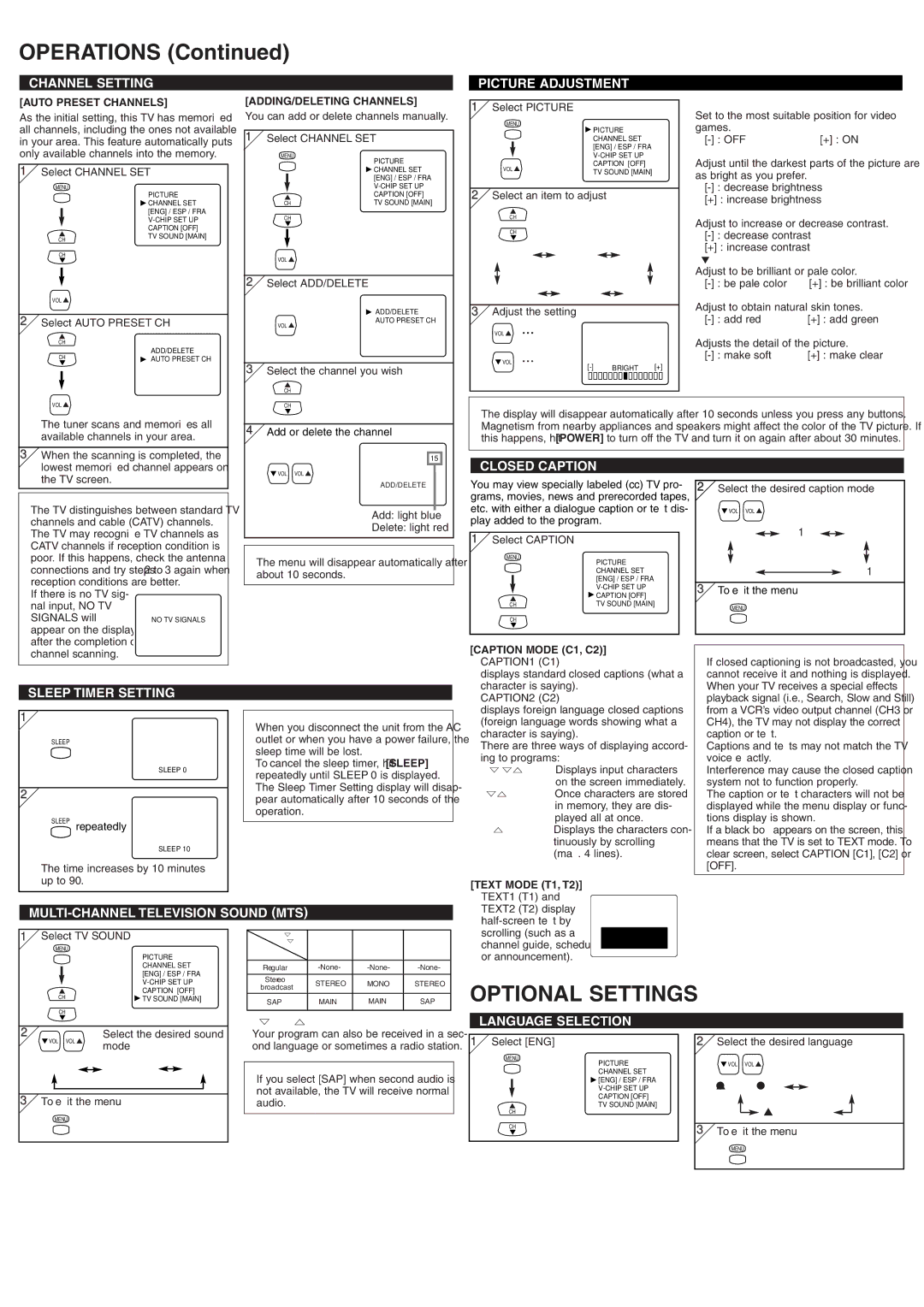 Sylvania 6427TFY owner manual Operations, Optional Settings 