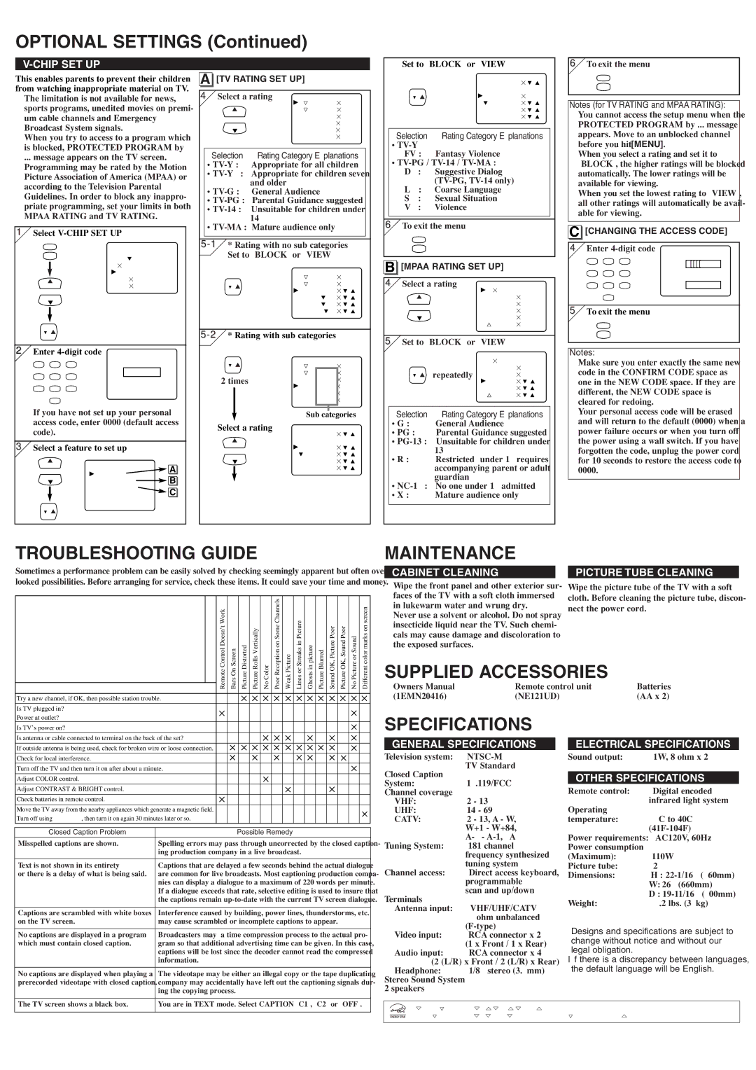 Sylvania 6427TFY owner manual Optional Settings, Troubleshooting Guide, Maintenance, Specifications 