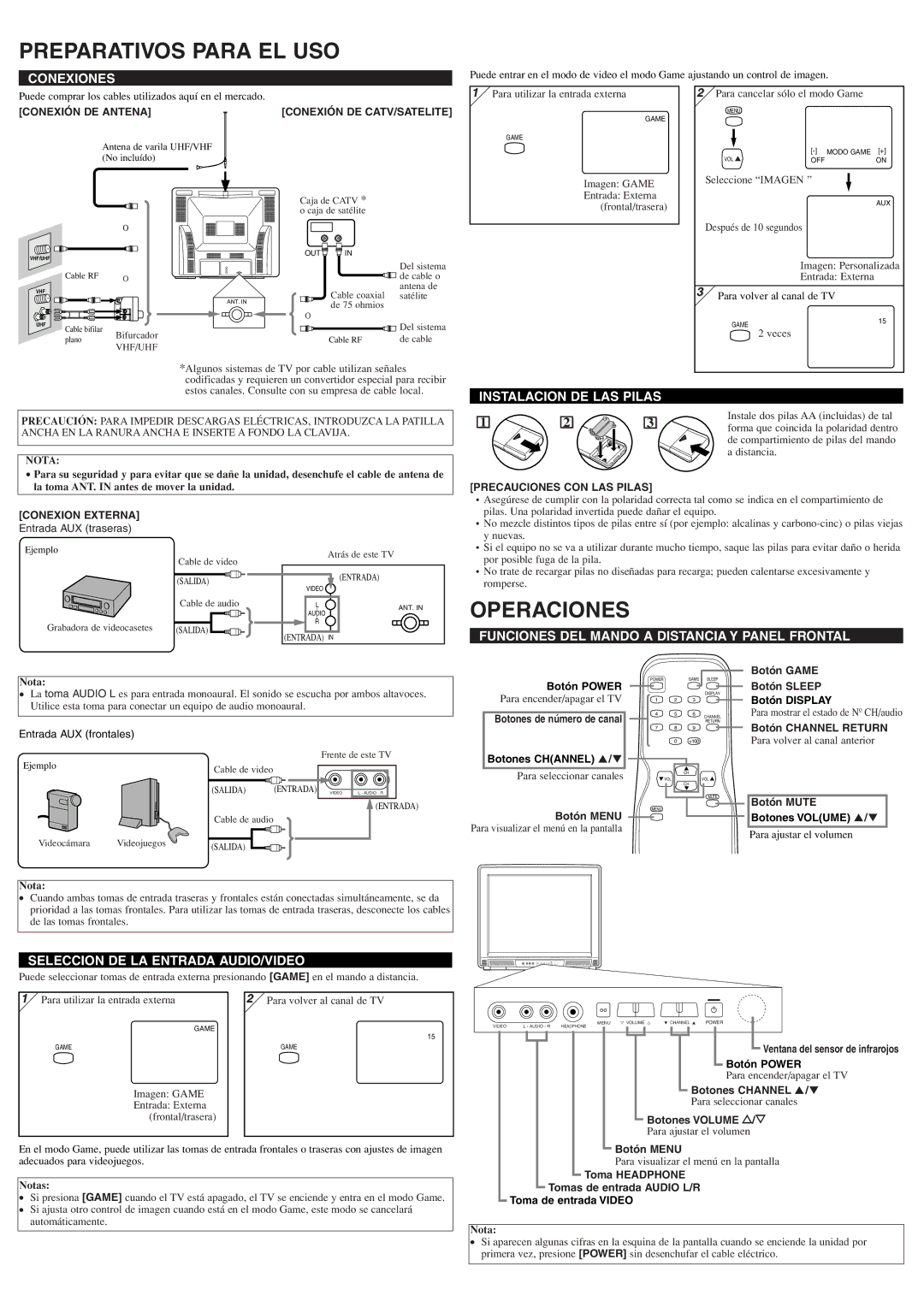 Sylvania 6427TFY owner manual Preparativos Para EL USO, Operaciones 