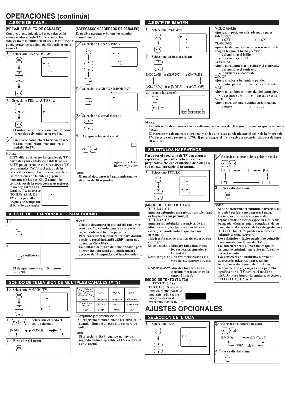 Sylvania 6427TFY owner manual Operaciones continúa, Ajustes Opcionales 